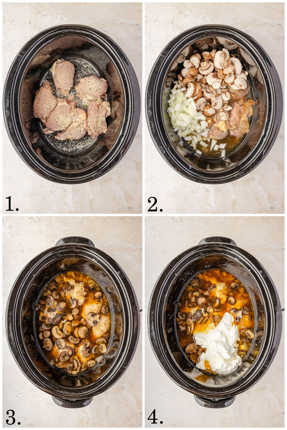 Collage of four photos showing how to make slow cooker chicken stroganoff.