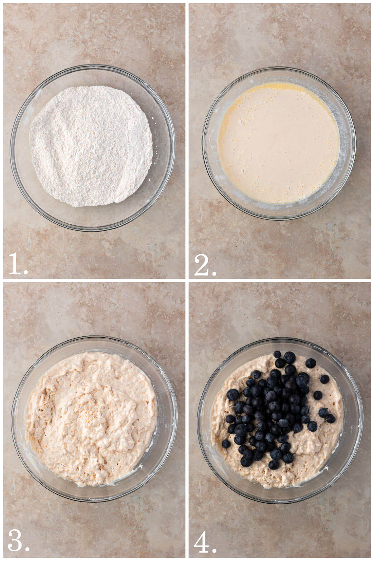 Collage of four photos showing steps 1-4 for how to make sourdough butter swim biscuits.