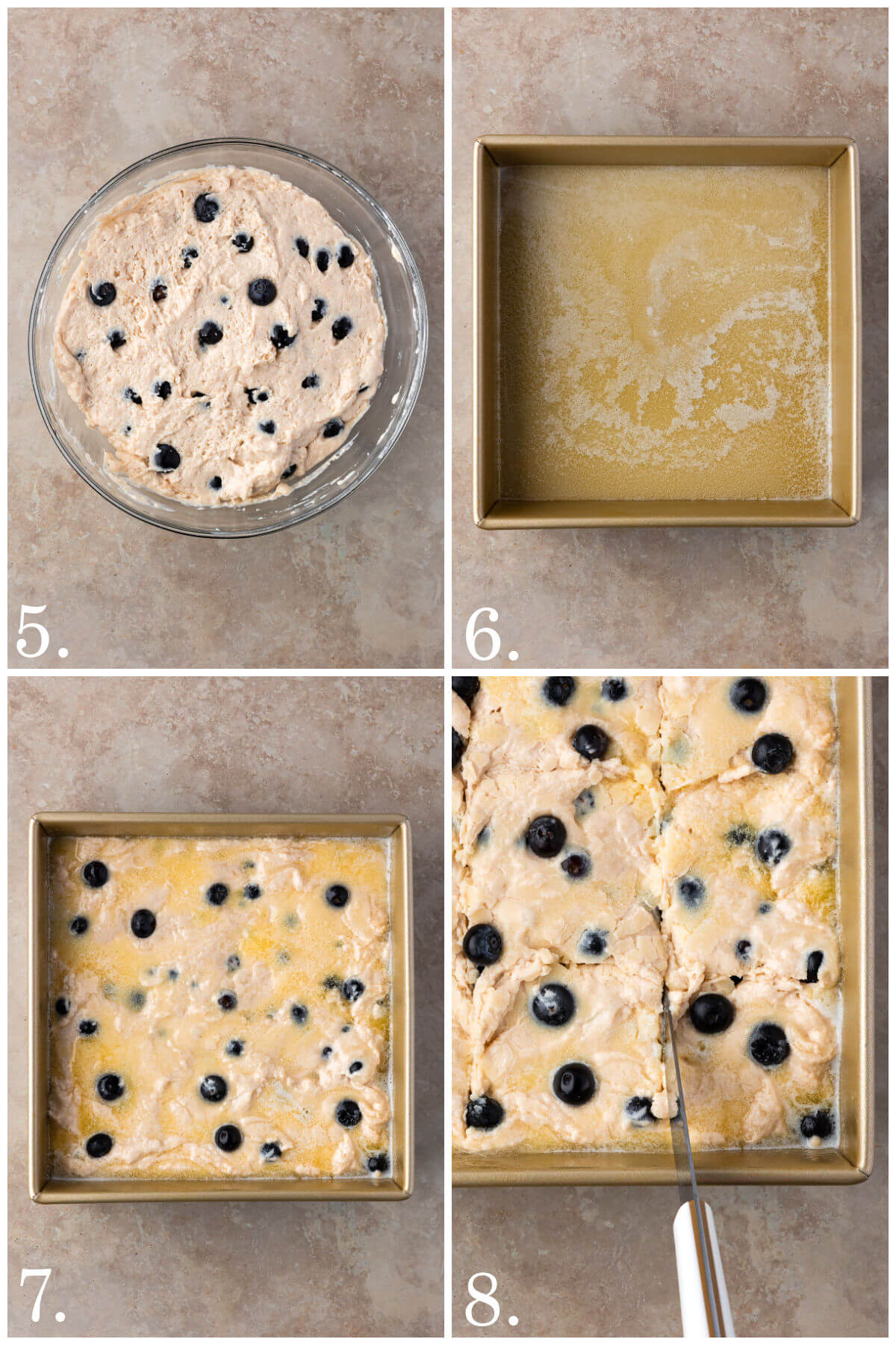 Collage of four photos showing steps 5-8 for how to make sourdough butter swim biscuits.