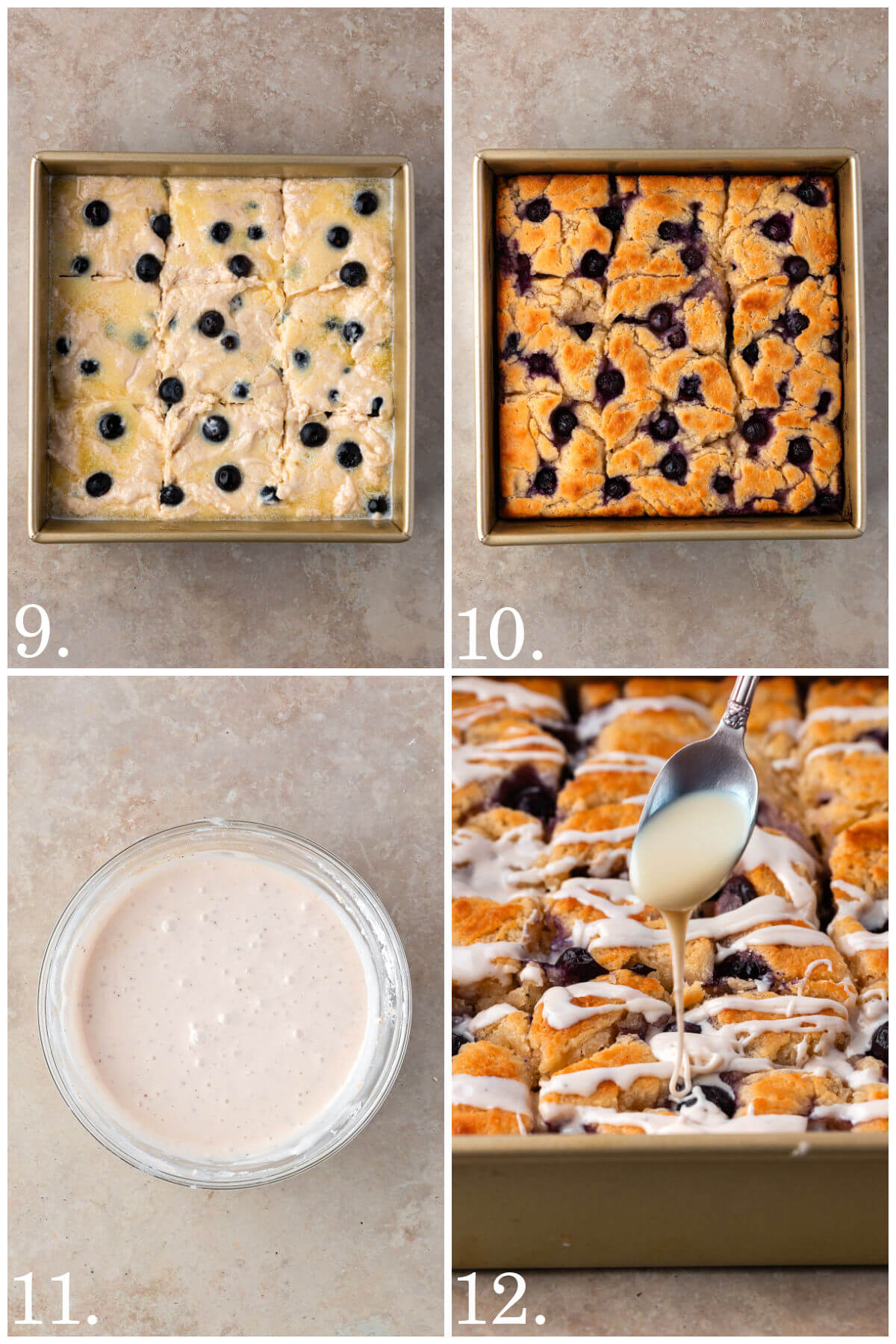 Collage of four photos showing steps 9-12 for how to make sourdough butter swim biscuits.