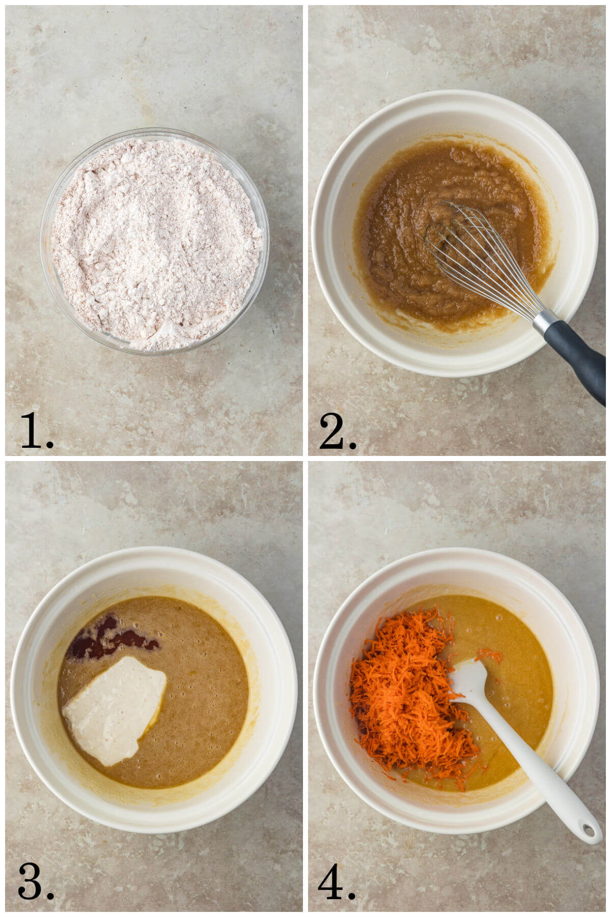 Collage of four photos showing steps 1-4 for how to make sourdough carrot cake bars.