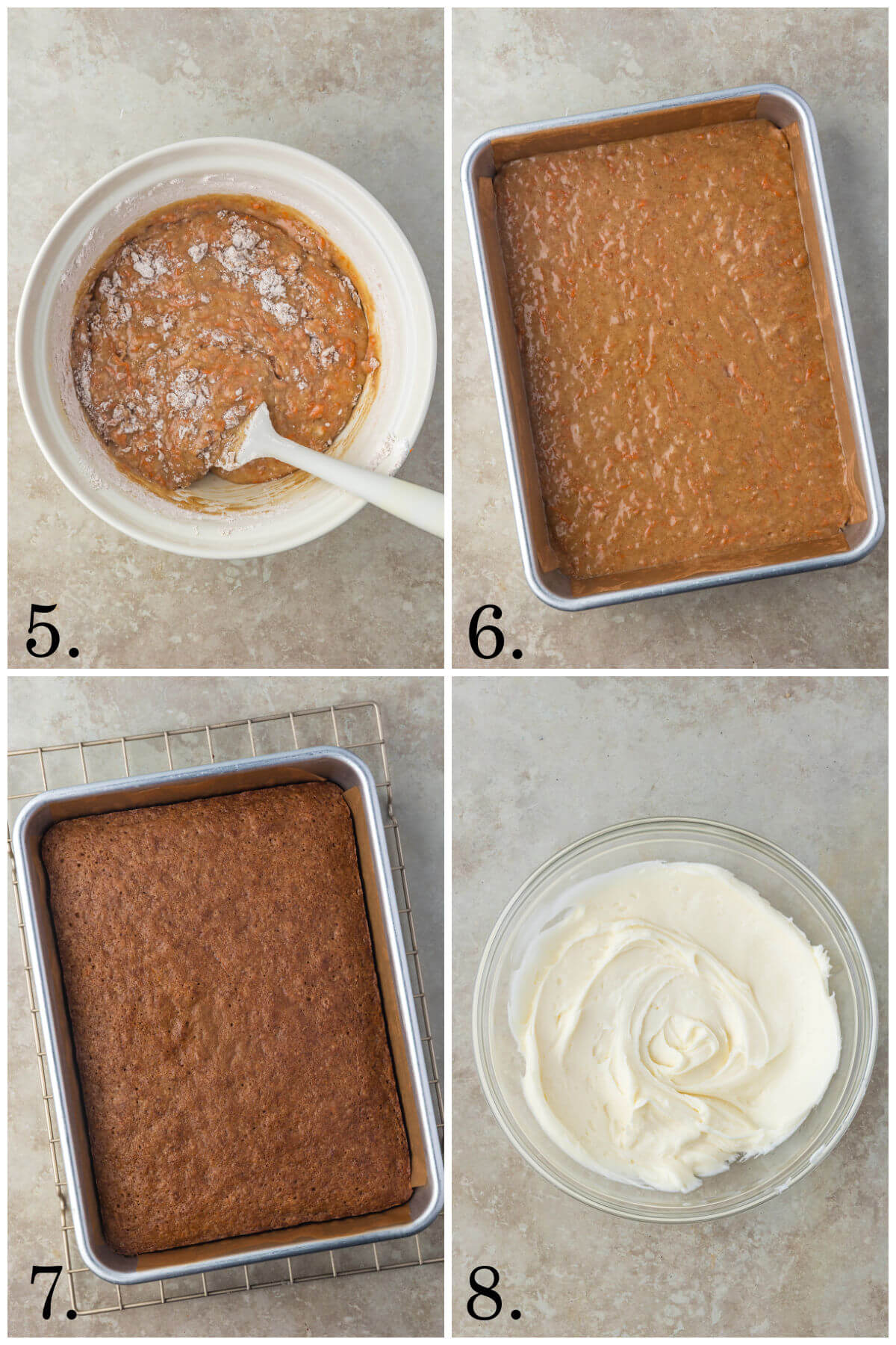 Collage of four photos showing steps 5-8 for how to make sourdough carrot cake bars.