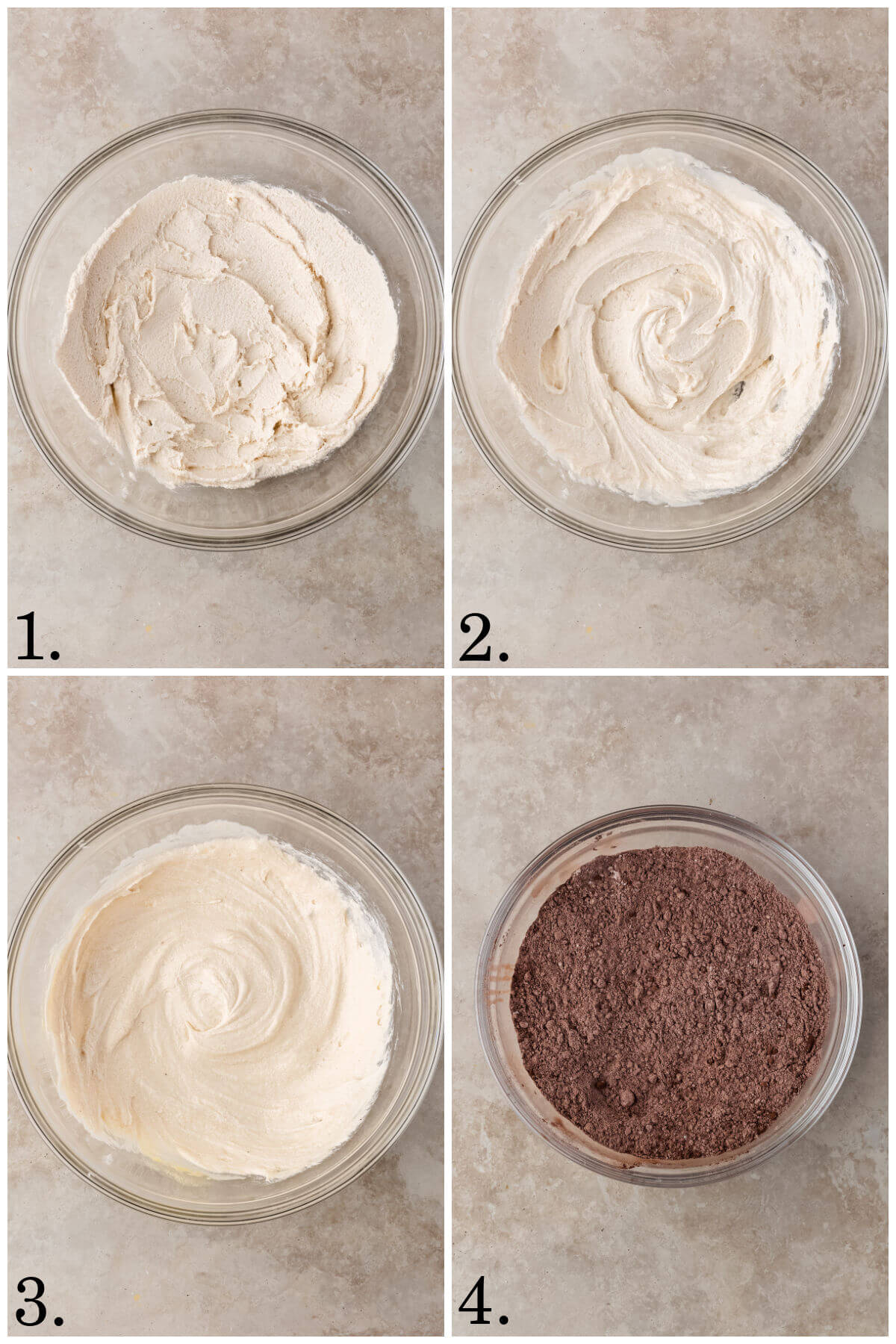 Collage of four photos showing steps 1-4 for how to make sourdough chocolate chip cookies.