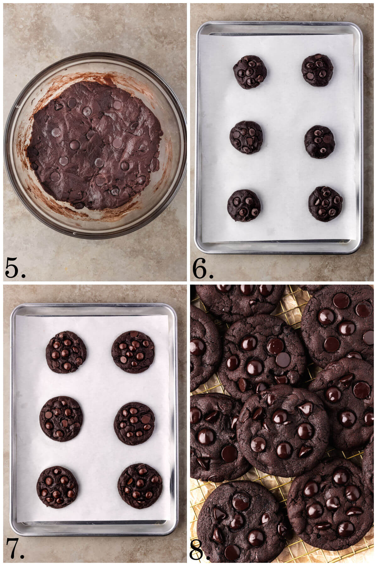 Collage of four photos showing steps 5-8 for how to make sourdough chocolate chip cookies.