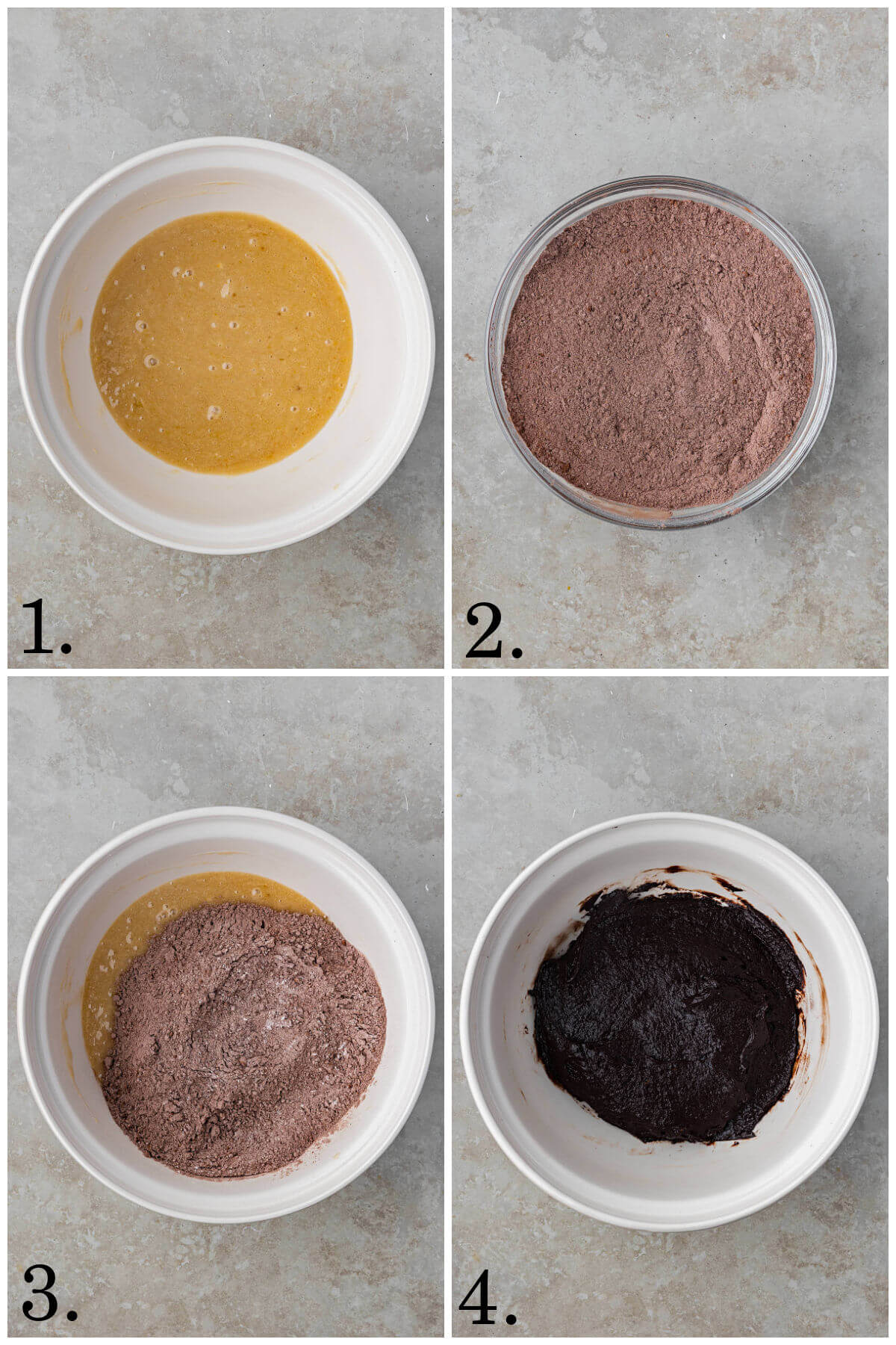 Collage of four photos showing steps 1-4 for how to make sourdough chocolate crinkle cookies.