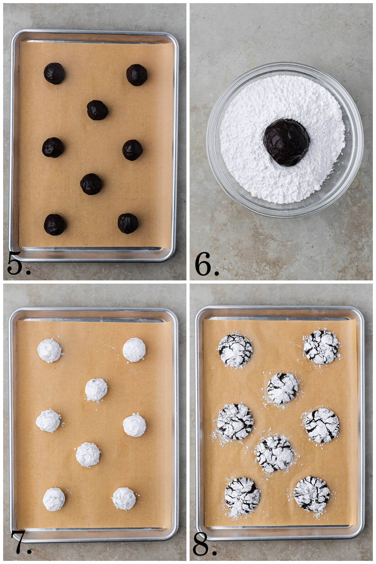 Collage of four photos showing steps 5-8 for how to make sourdough chocolate crinkle cookies.