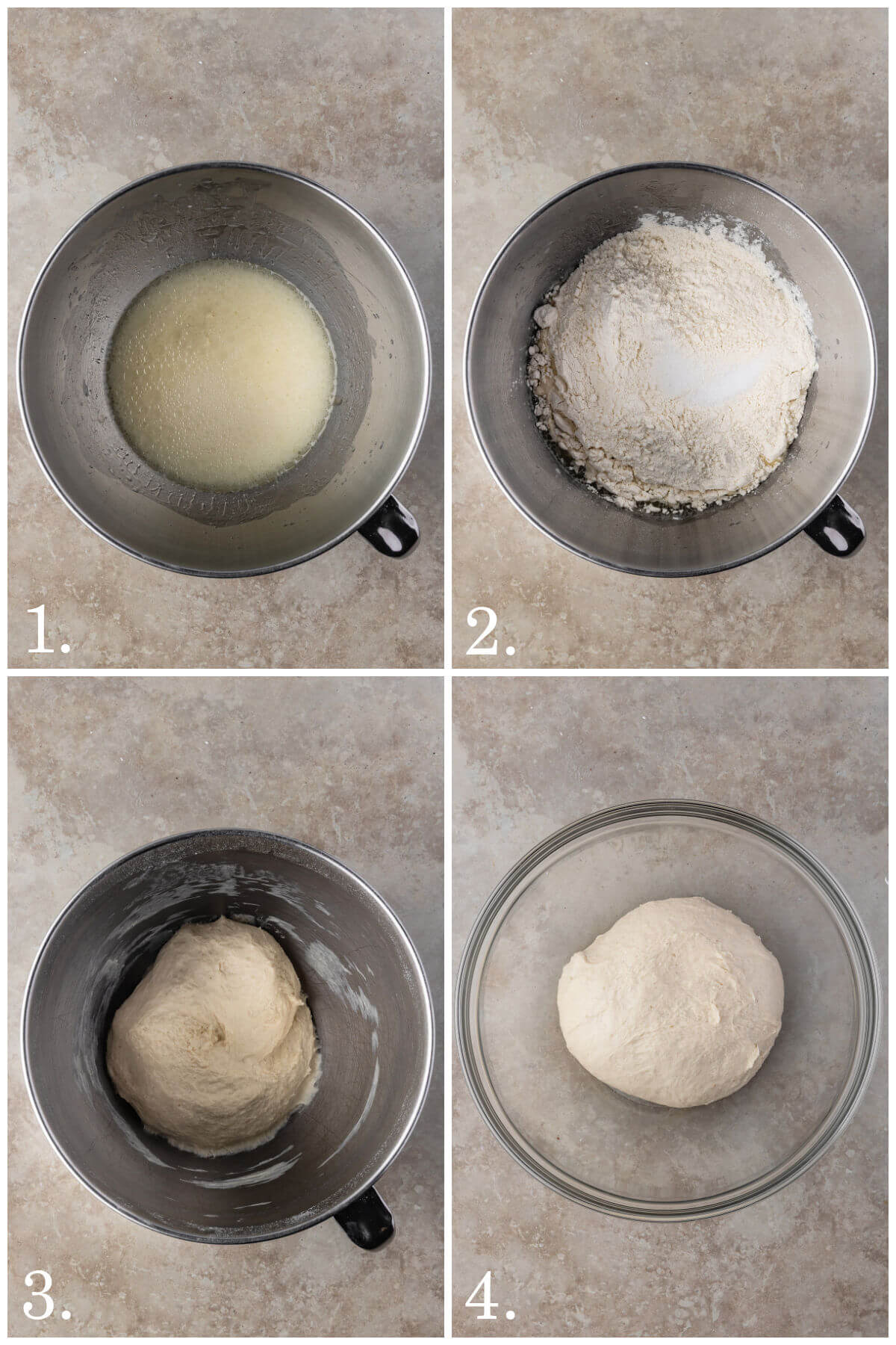 Collage of four photos showing steps 1-4 for how to make sourdough cinnamon swirl bread.