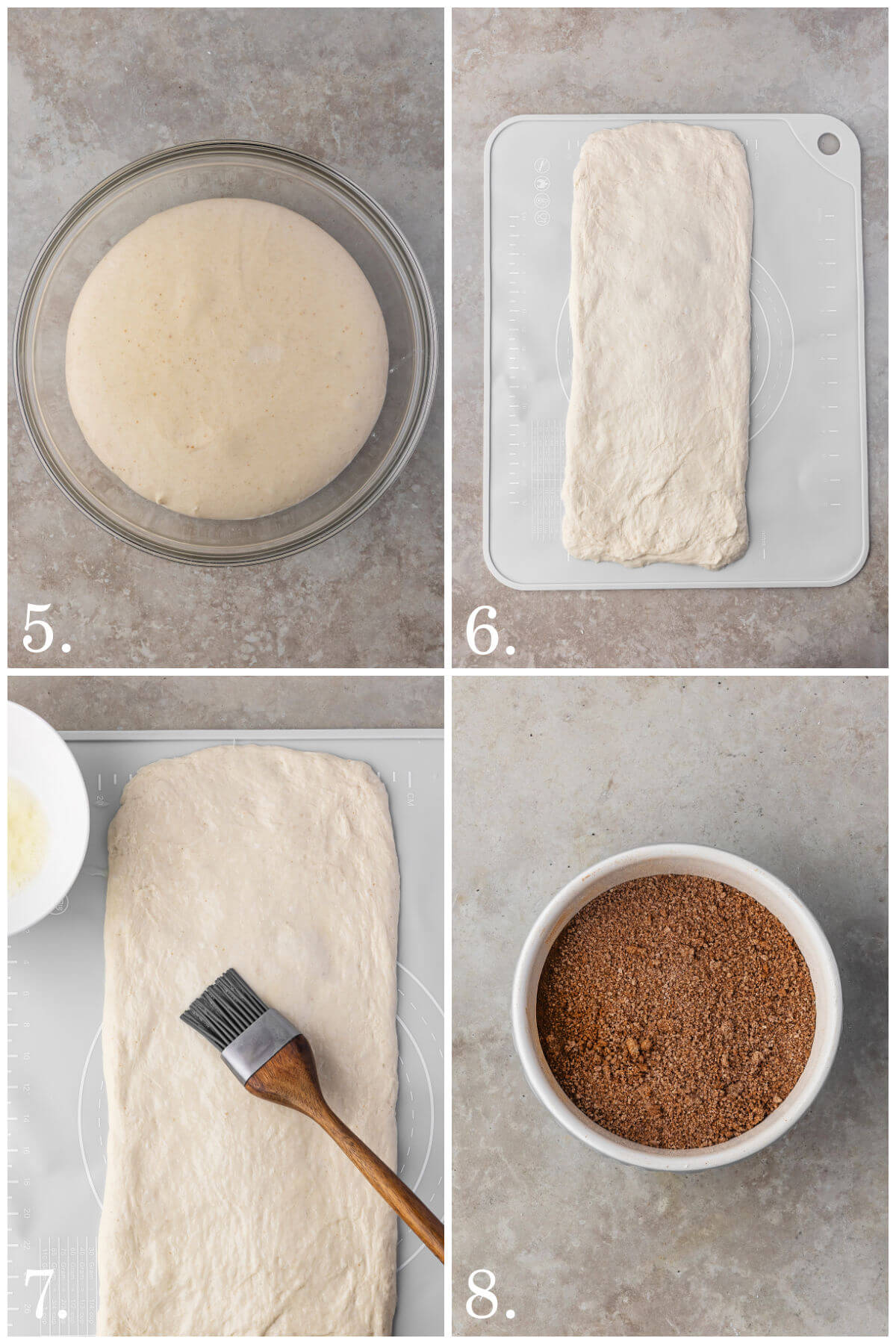 Collage of four photos showing steps 5-8 for how to make sourdough cinnamon swirl bread.