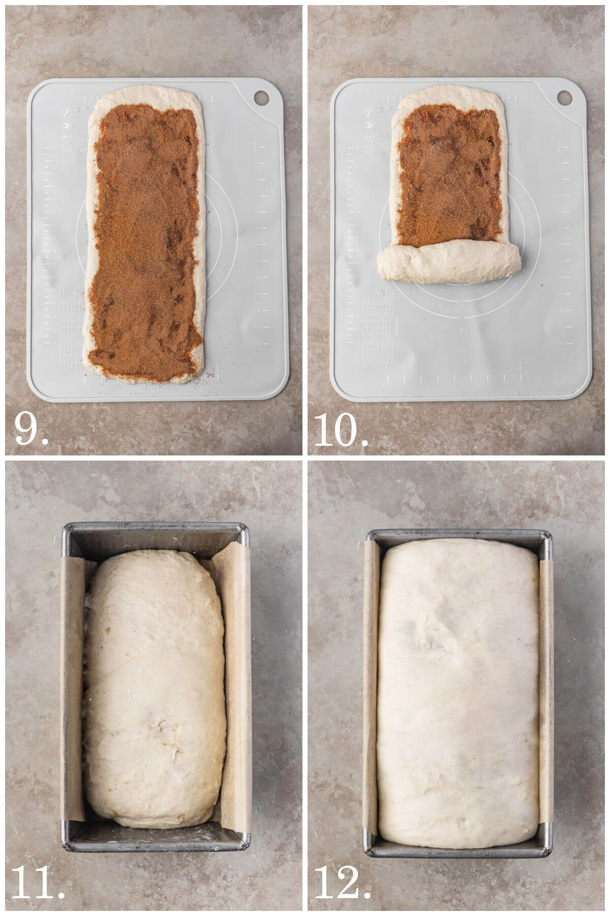 Collage of four photos showing steps 9-12 for how to make sourdough cinnamon swirl bread.