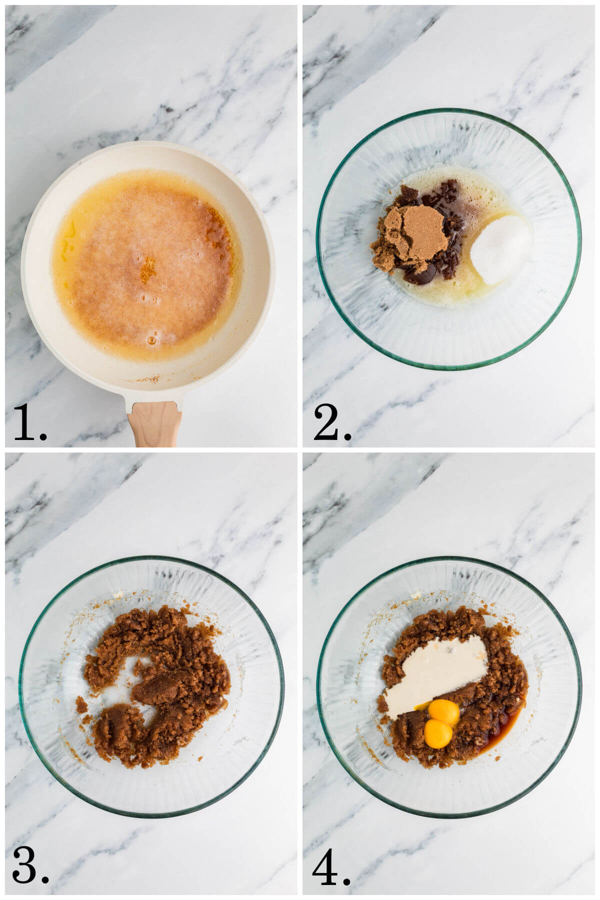 Collage of four photos showing steps 1-4 for how to make brown butter sourdough chocolate chip cookies.