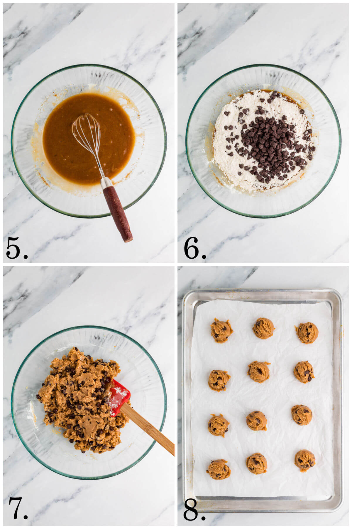 Collage of four photos showing steps 5-8 for how to make brown butter sourdough chocolate chip cookies.
