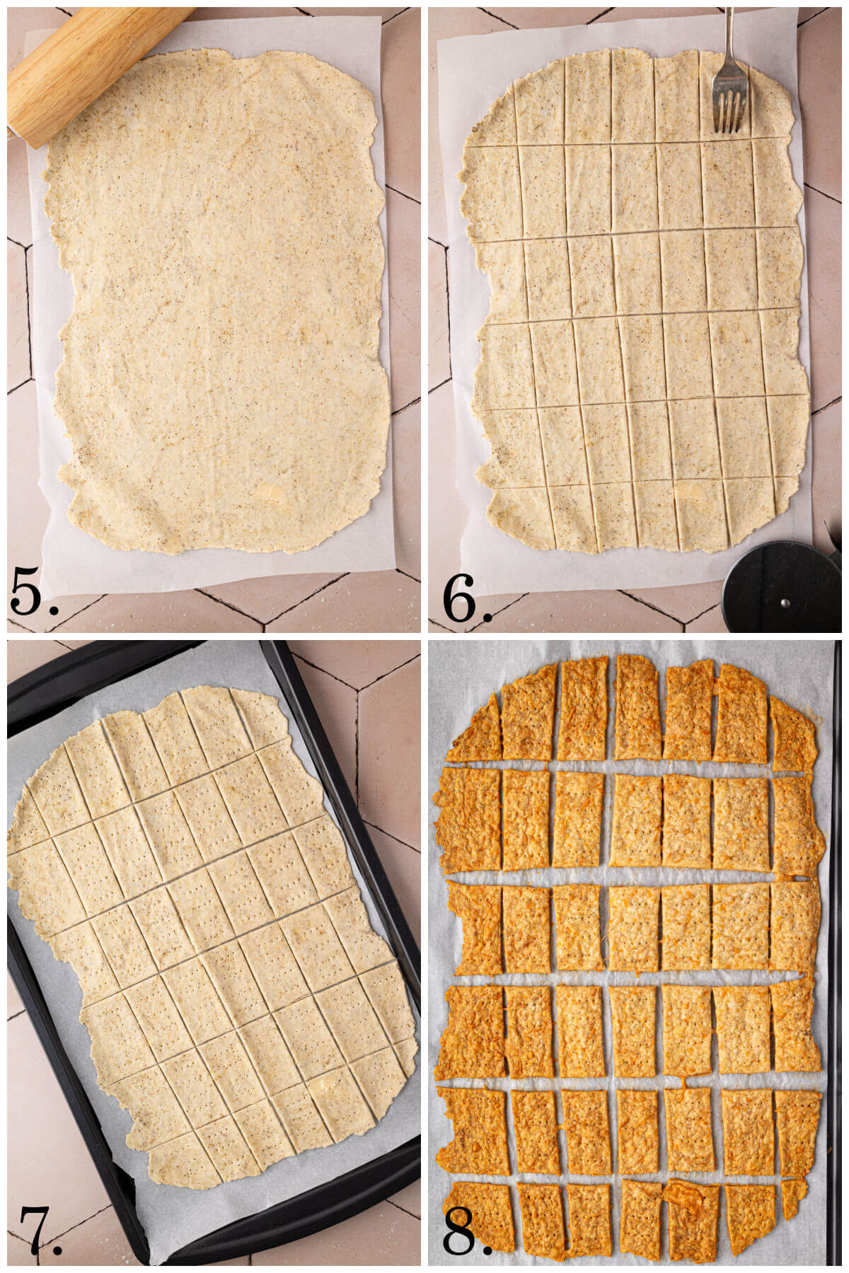 Collage of four photos showing steps 5-8 for how to make sourdough discard crackers.