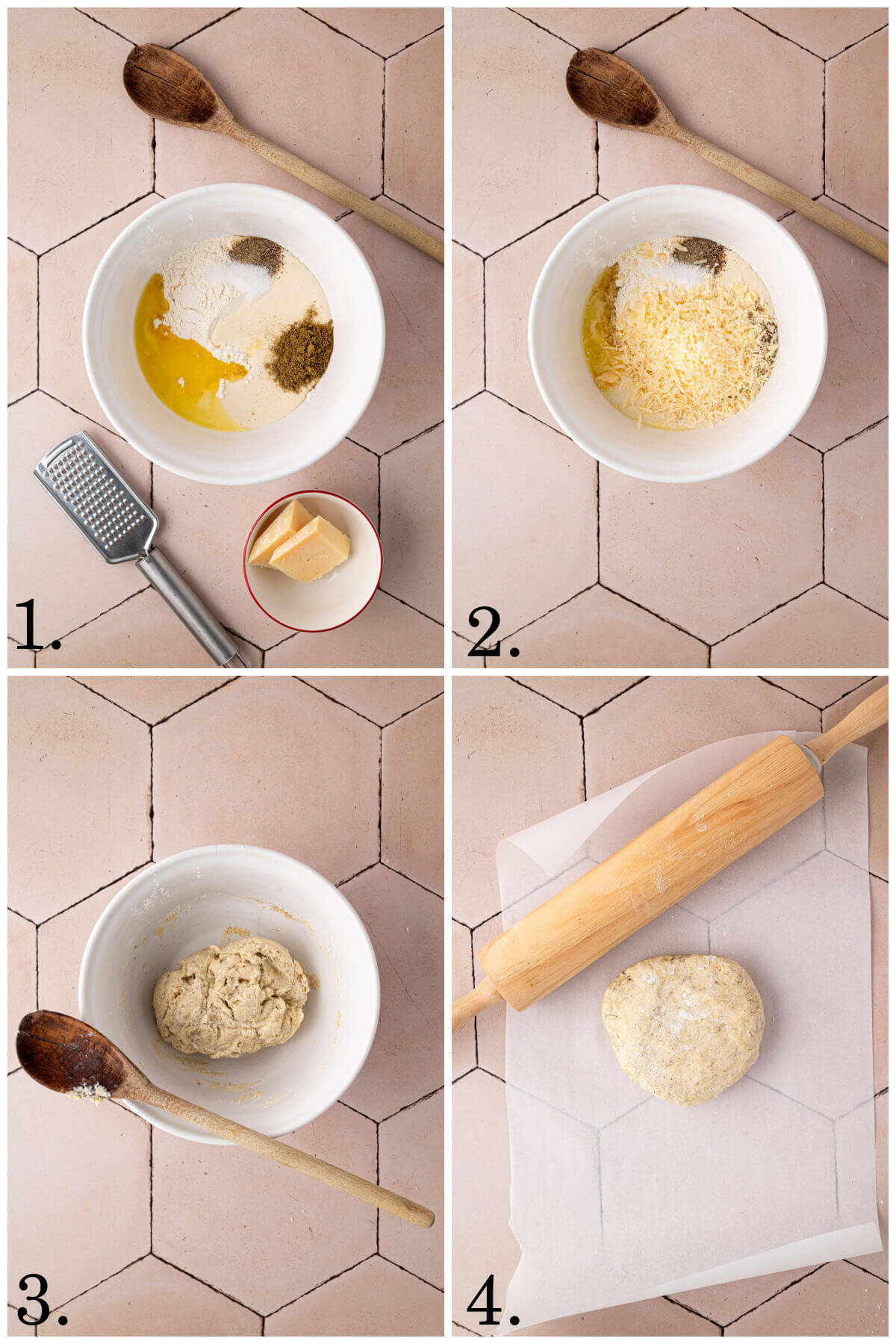 Collage of four photos showing steps 1-4 for how to make sourdough discard crackers.