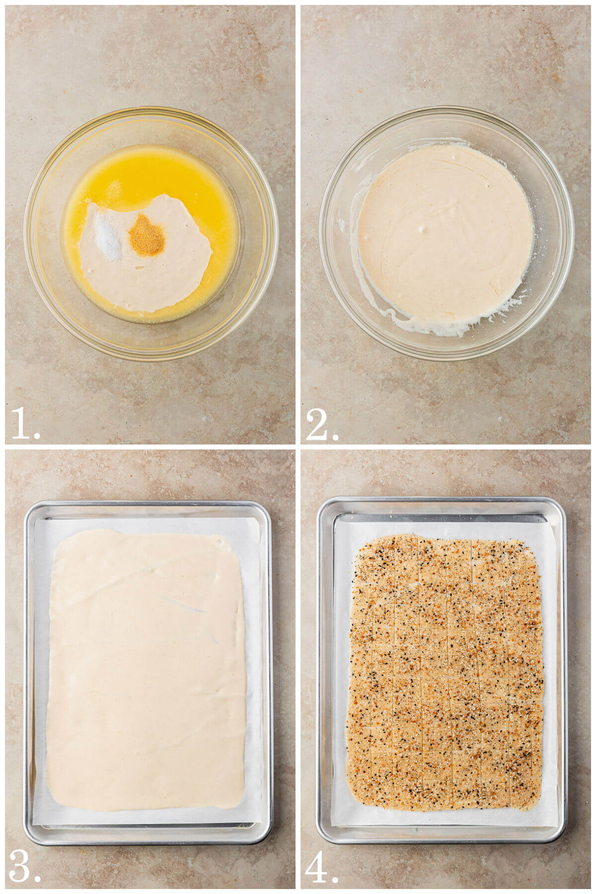 Collage of four photos showing how to make everything sourdough crackers.