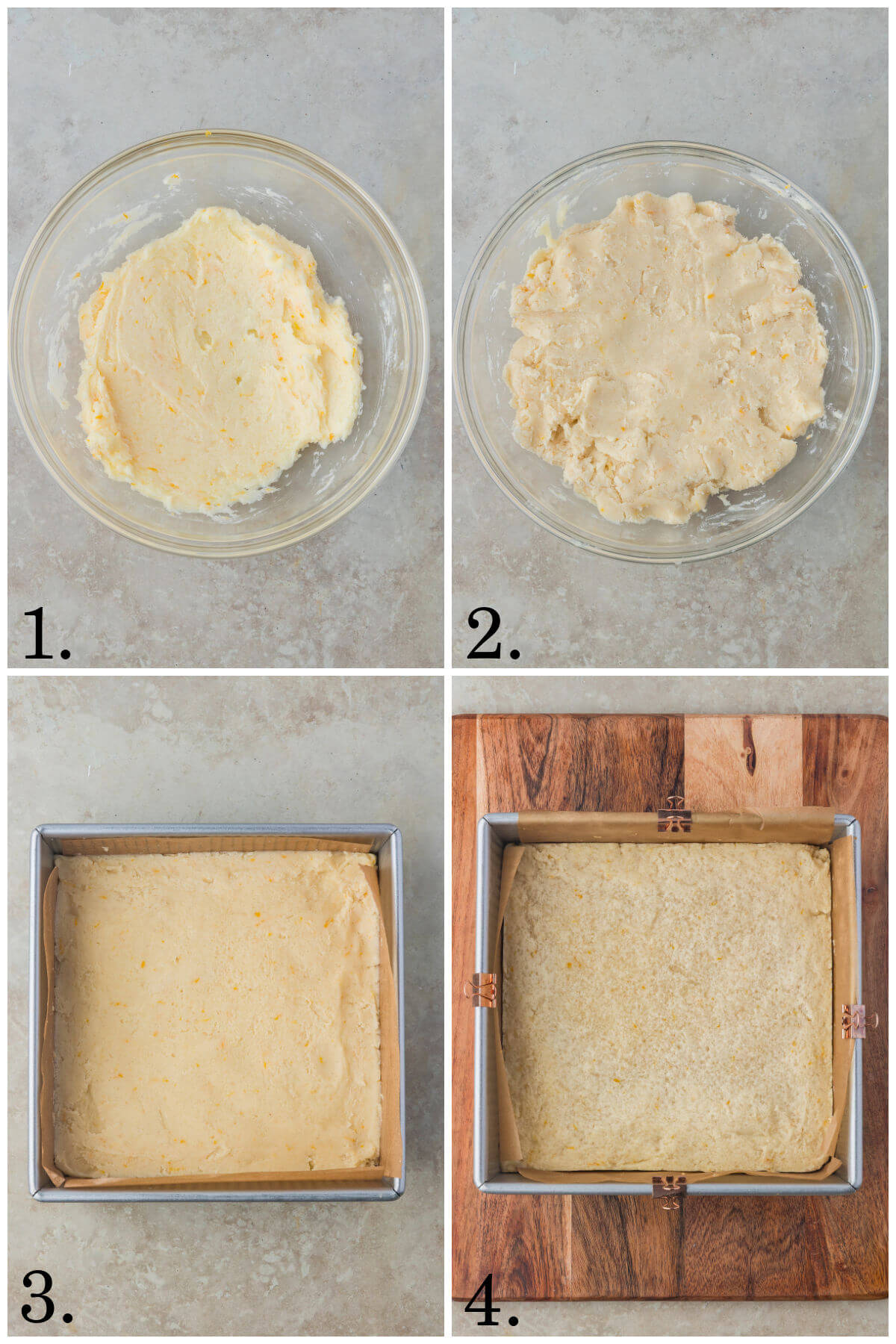 Collage of four photos showing steps 1-4 for how to make sourdough lemon bars.