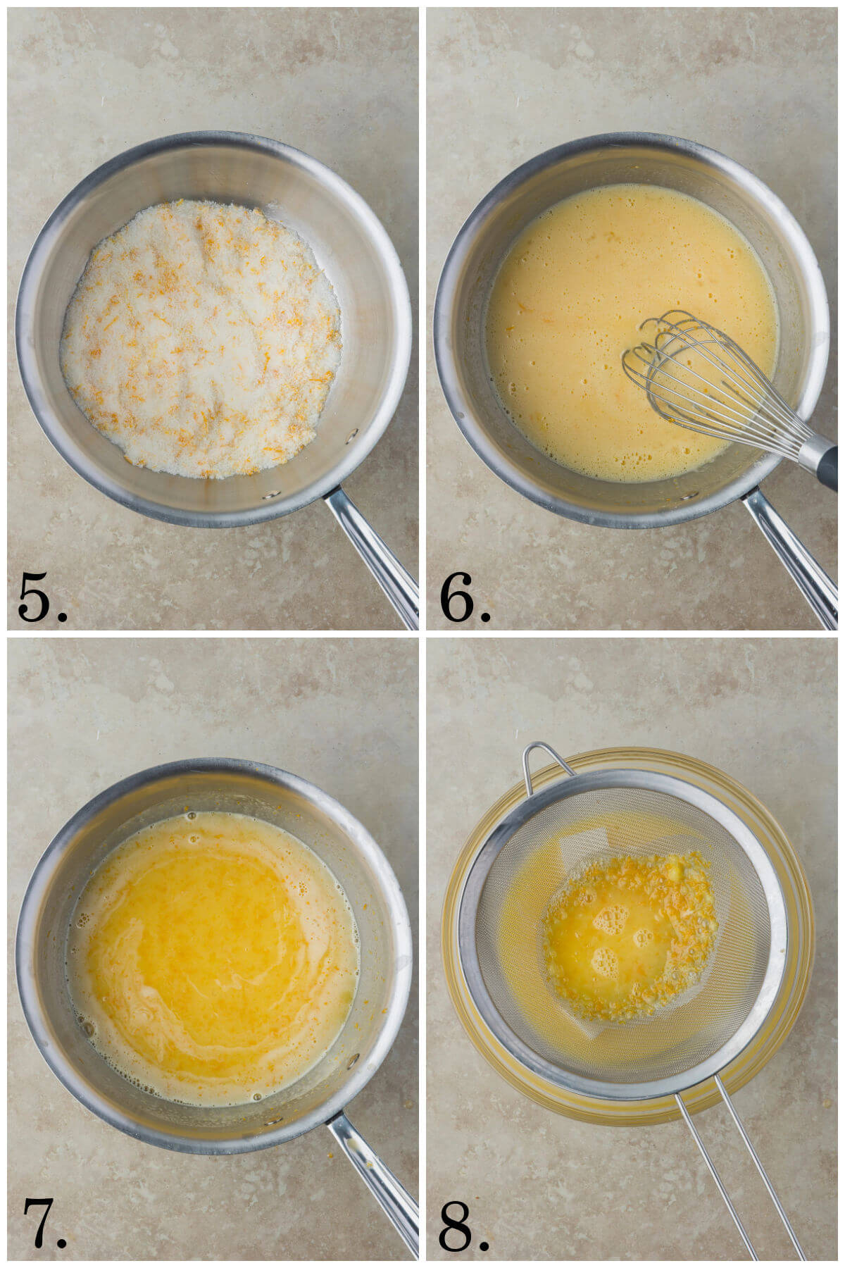 Collage of four photos showing steps 5-8 for how to make sourdough lemon bars.