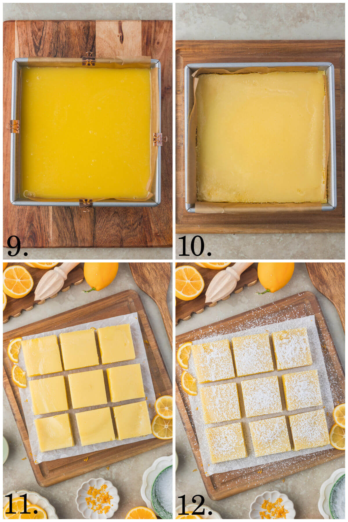 Collage of four photos showing steps 9-12 for how to make sourdough lemon bars.