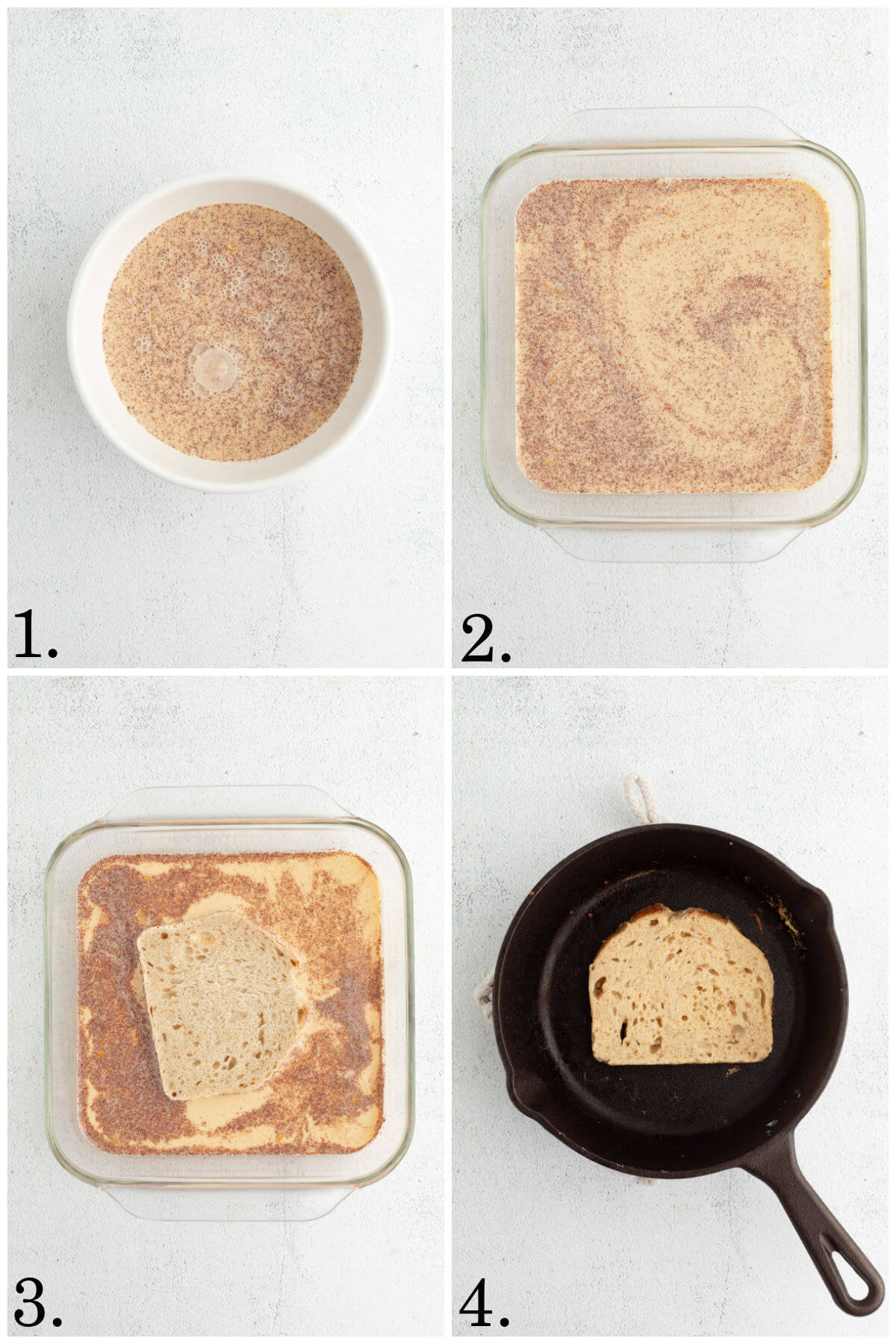 Collage of four photos showing steps 1-4 of how to make sourdough french toast.