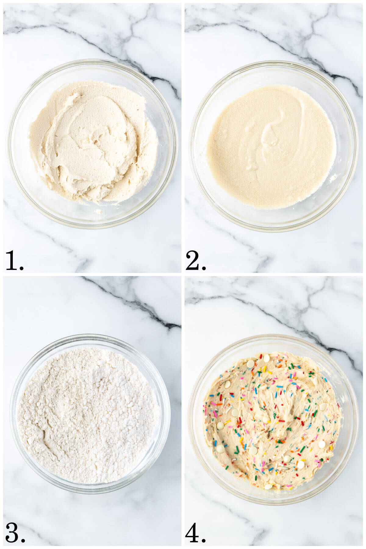 Collage of four photos showing steps 1-4 for how to make sourdough funfetti cookies.