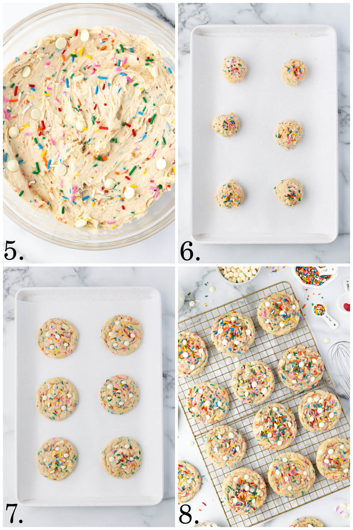 Collage of four photos showing steps 5-8 for how to make sourdough funfetti cookies.