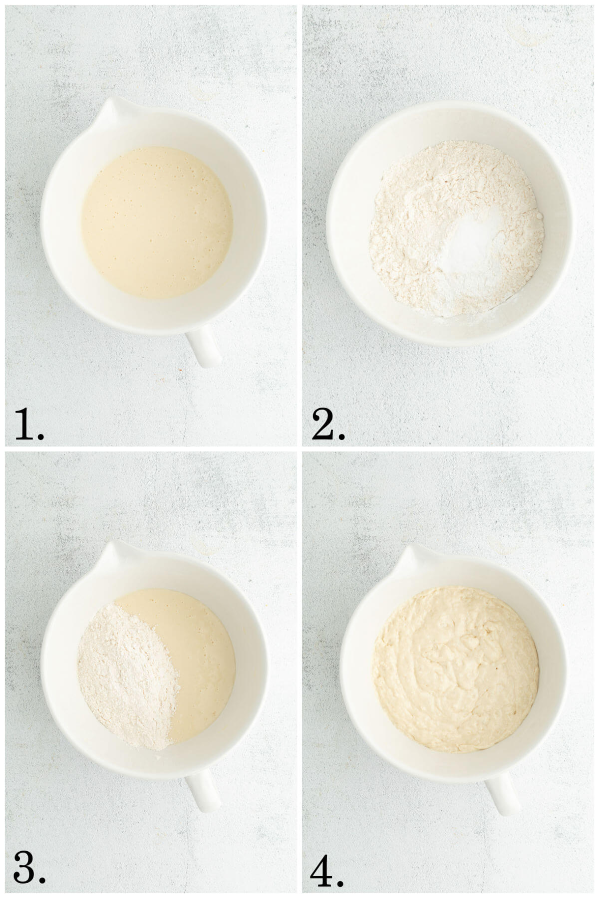 Collage of four photos showing steps 1-4 for how to make fluffy sourdough pancakes.