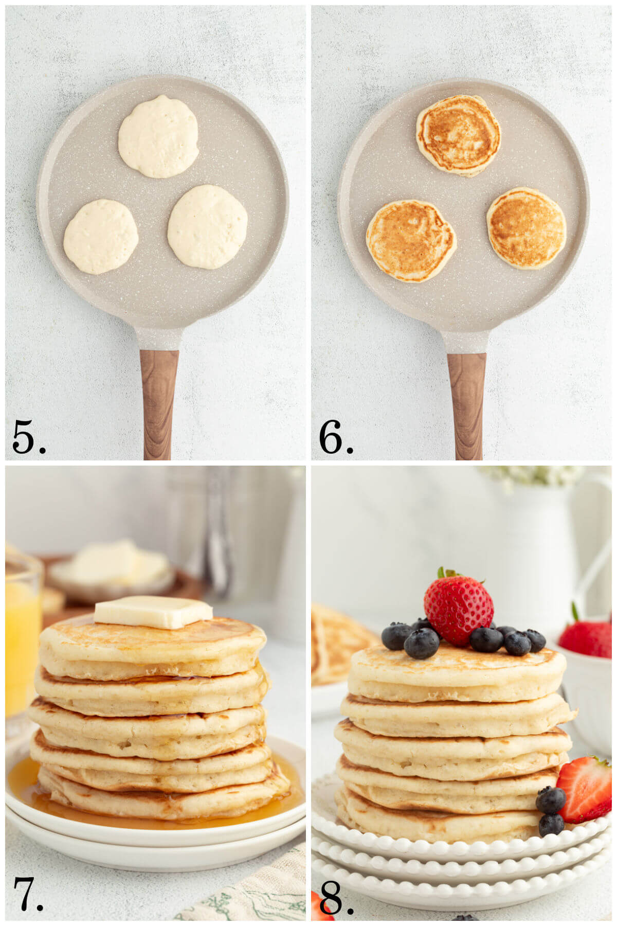 Collage of four photos showing steps 5-8 for how to make fluffy sourdough pancakes.