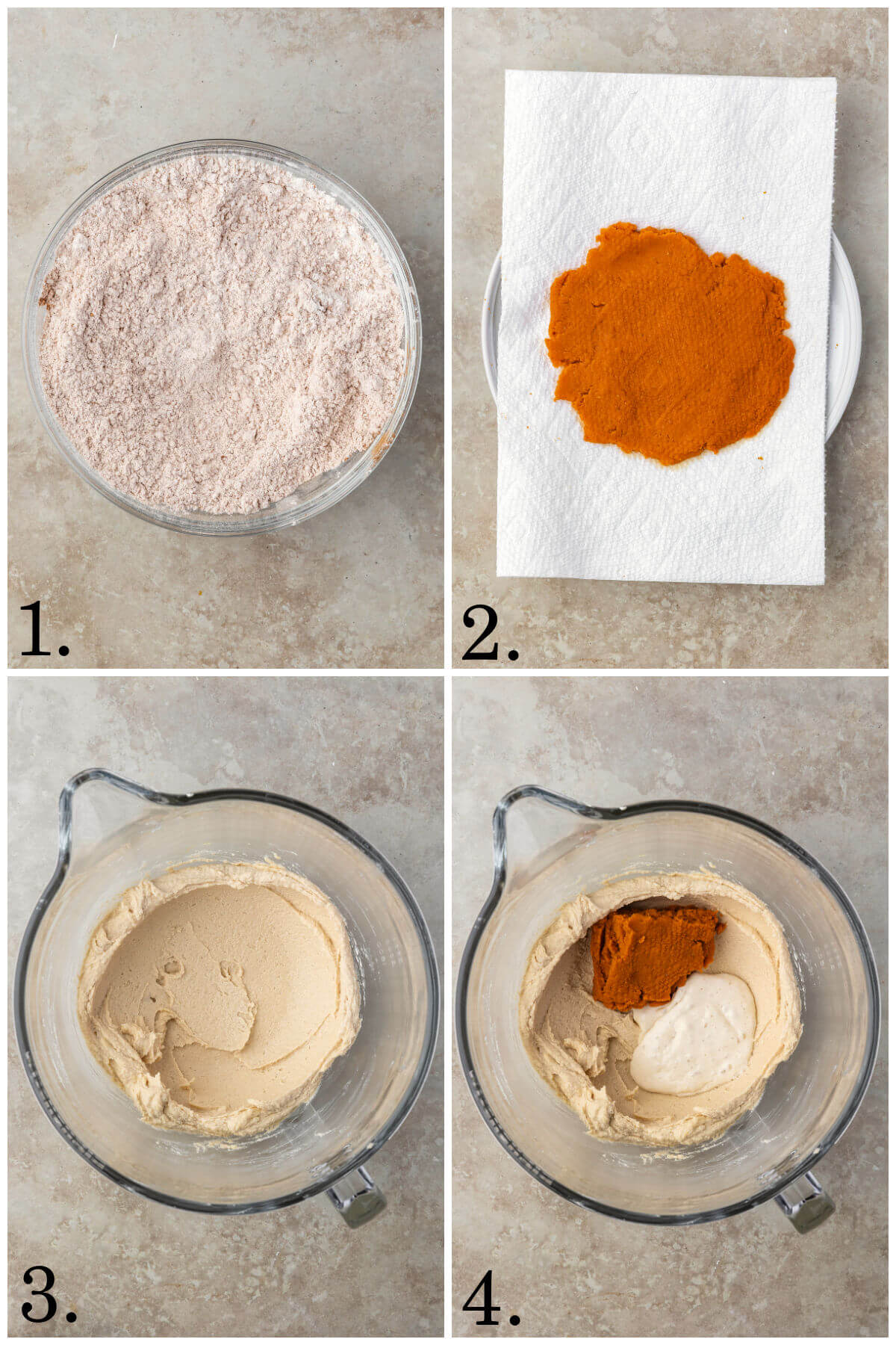 Collage of four photos showing steps 1-4 for how to make sourdough pumpkin cookies.