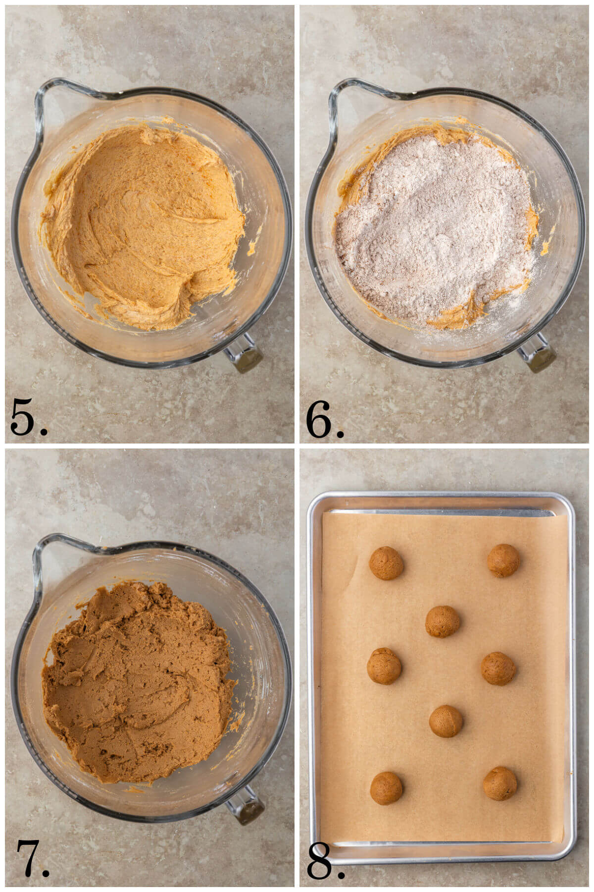 Collage of four photos showing steps 5-8 for how to make sourdough pumpkin cookies.