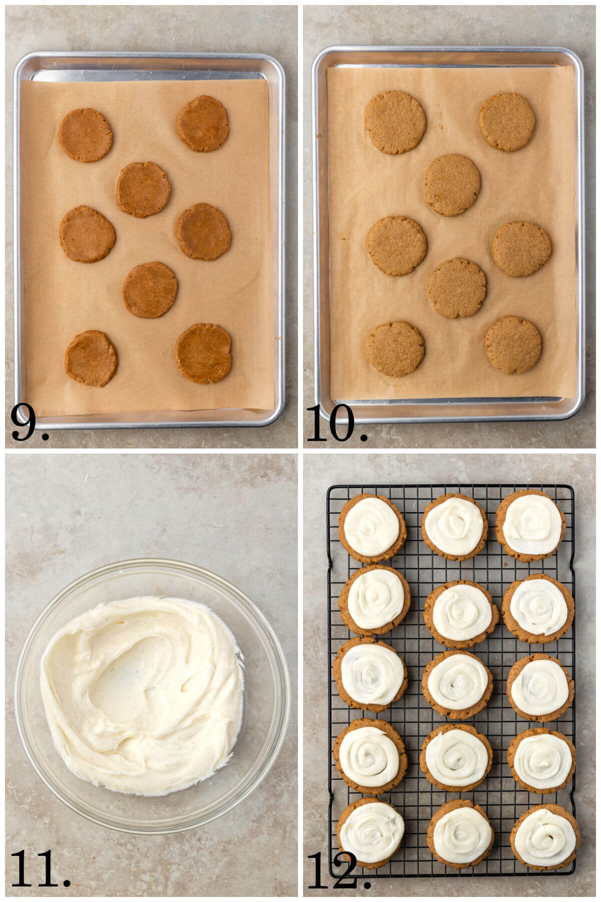 Collage of four photos showing steps 9-12 for how to make sourdough pumpkin cookies.