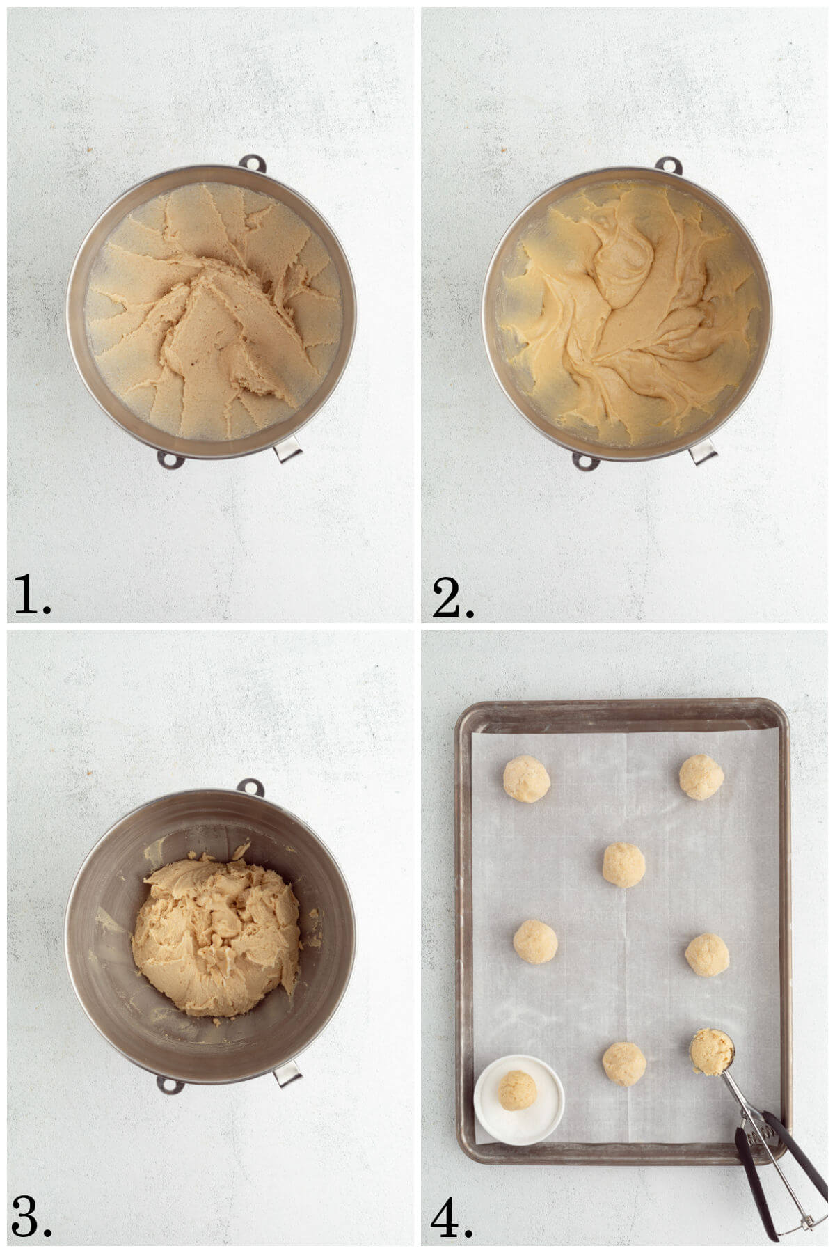 Collage of four photos showing steps 1-4 for how to make sourdough thumbprint cookies.