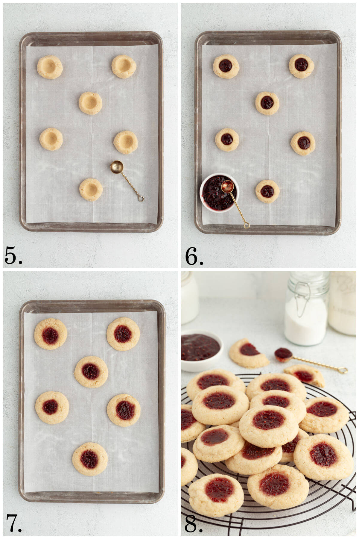 Collage of four photos showing steps 5-8 for how to make sourdough thumbprint cookies.