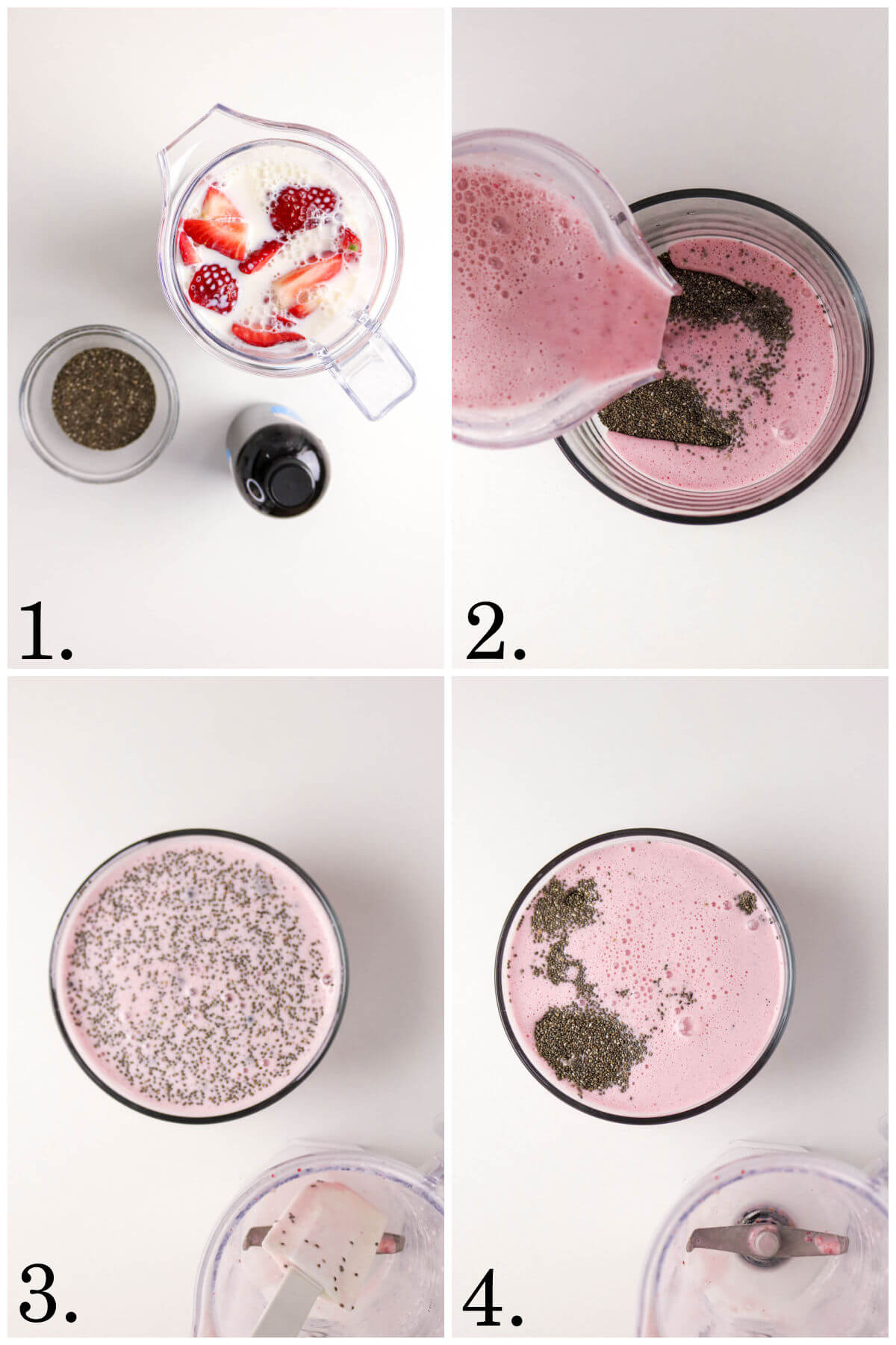 Collage of four photos showing steps 1-4 for how to make strawberry chia pudding.