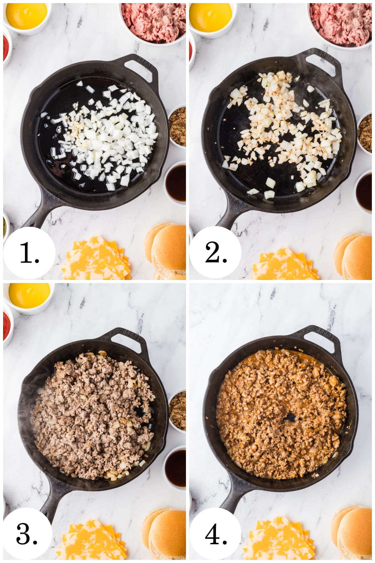 Collage of four photos showing steps 1-4 for how to make turkey sloppy joes.