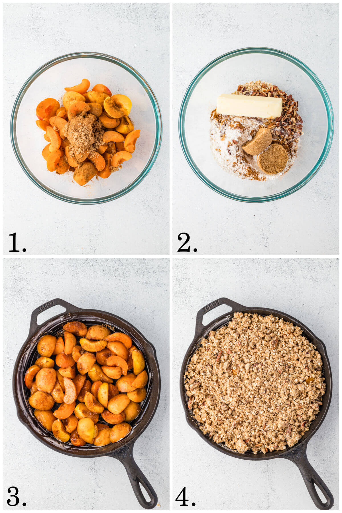 Collage of four photos showing steps 1-4 for how to make apricot crumble.