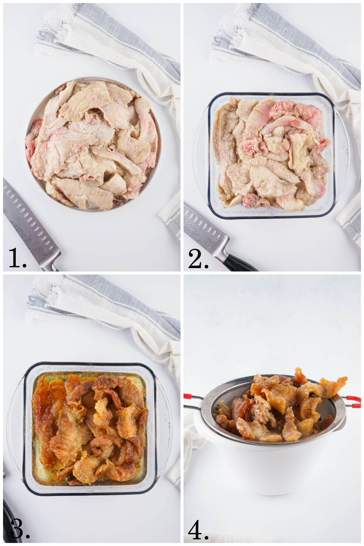 Collage of four photos showing steps 1-4 for how to make beef tallow from fat.