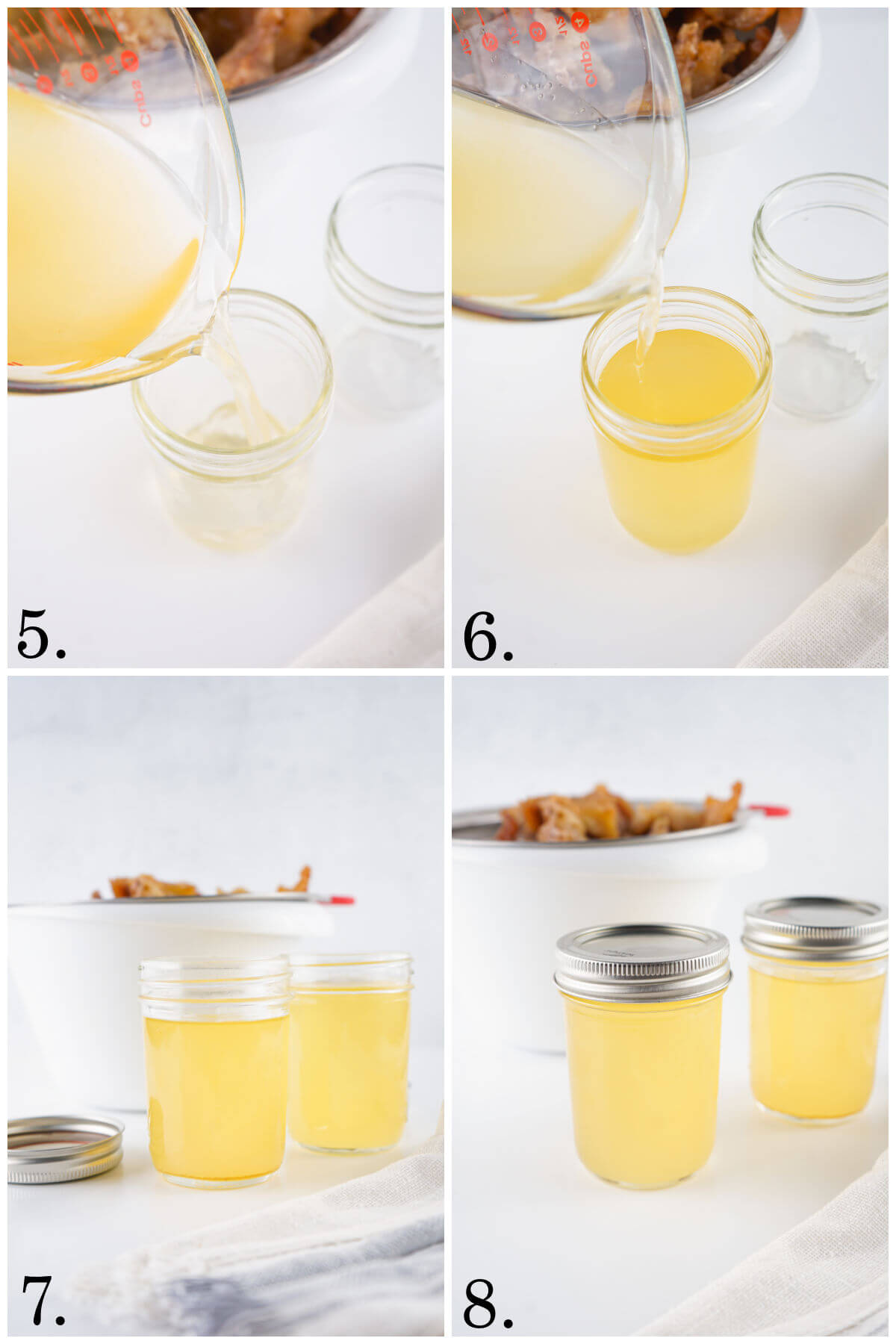 Collage of four photos showing steps 5-8 for how to make beef tallow.