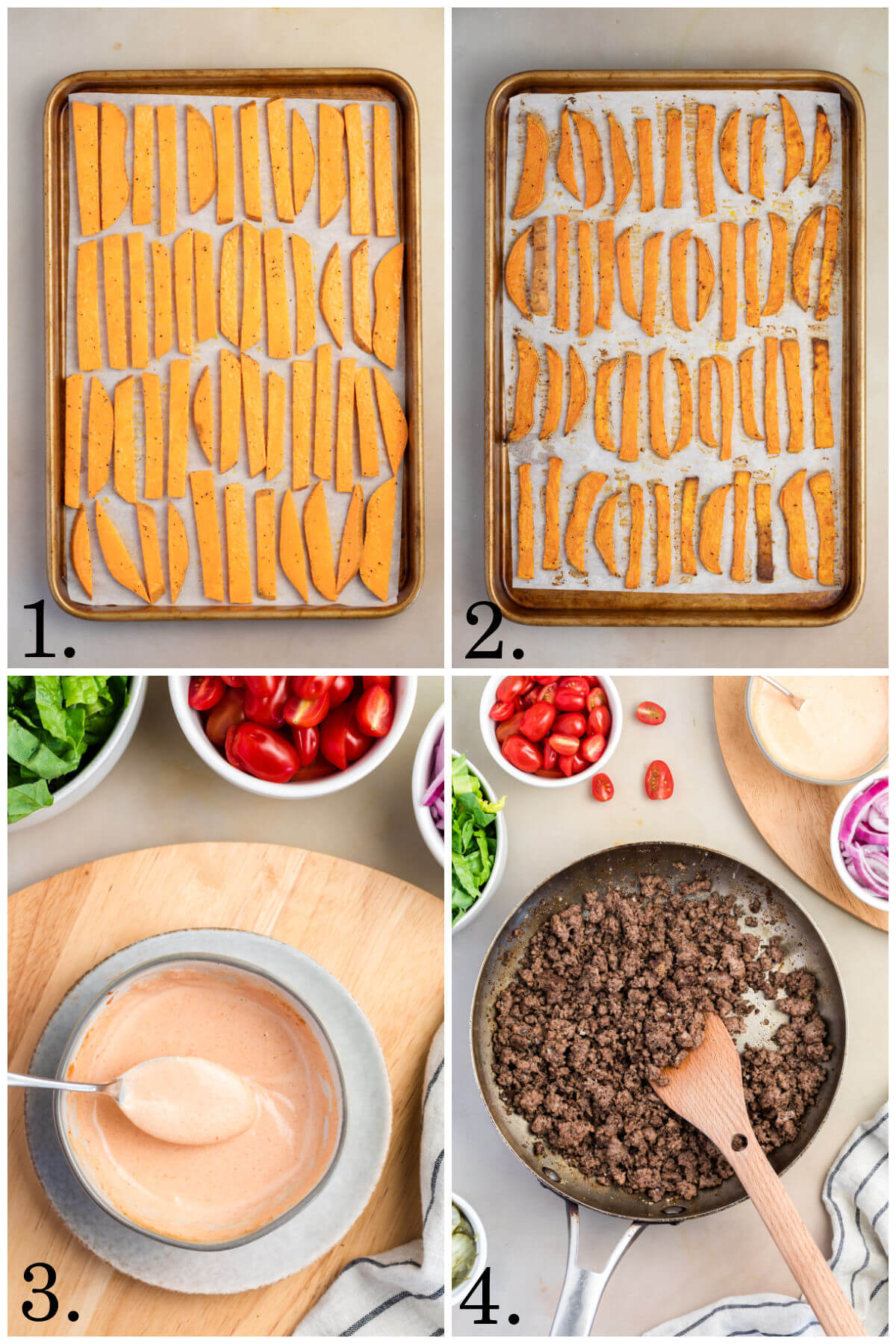 Collage of four photos showing how to make burger bowls recipe.