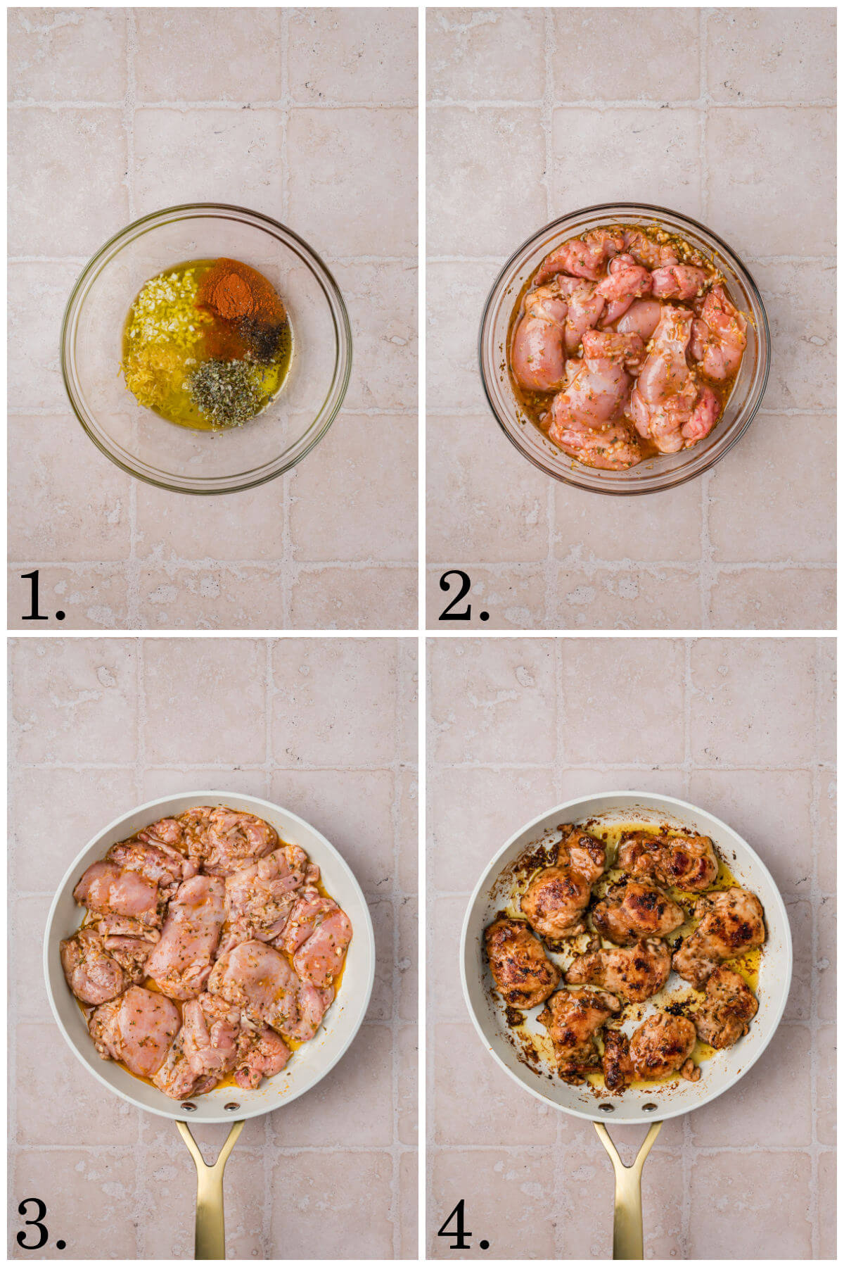 Collage of four photos showing steps for making Greek chicken bowls.