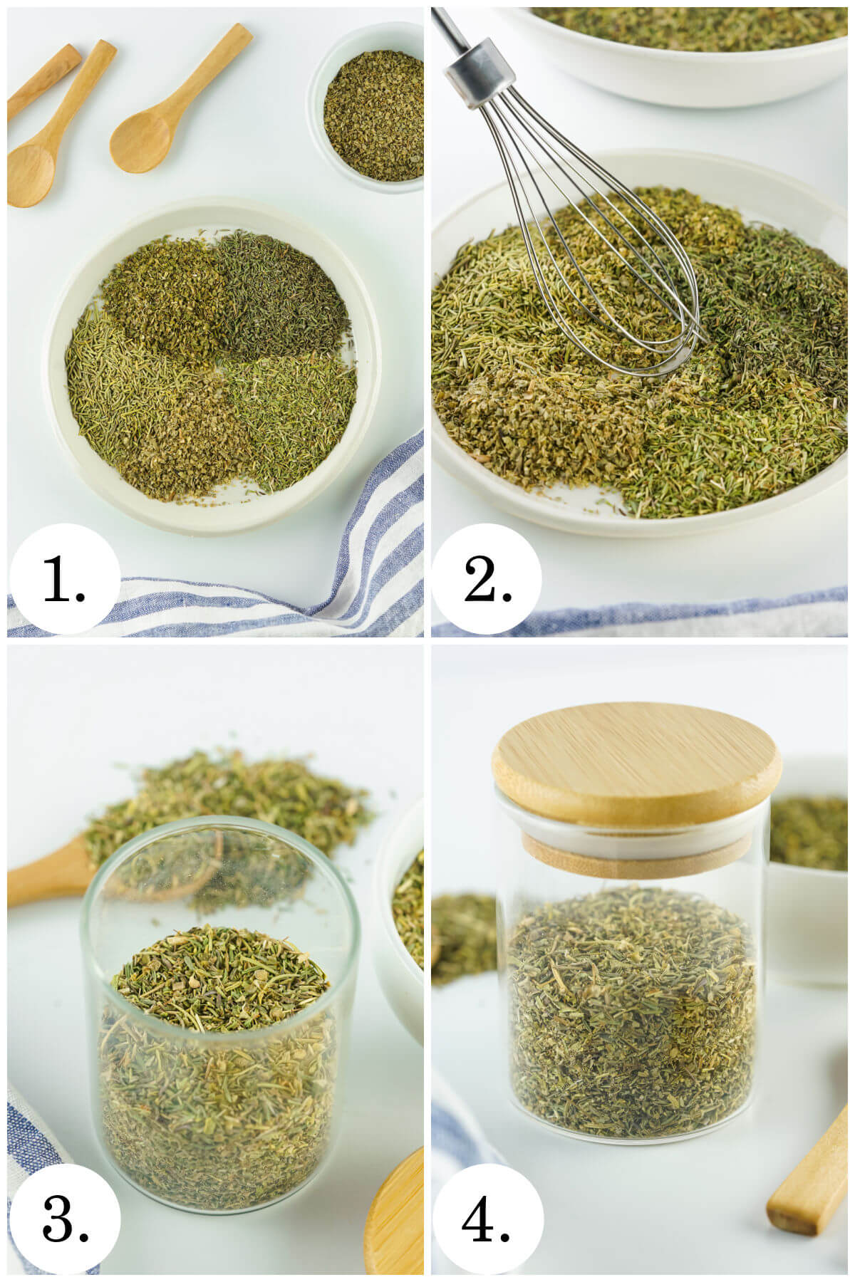 Collage of four photos showing steps for making homemade herbs de provence.