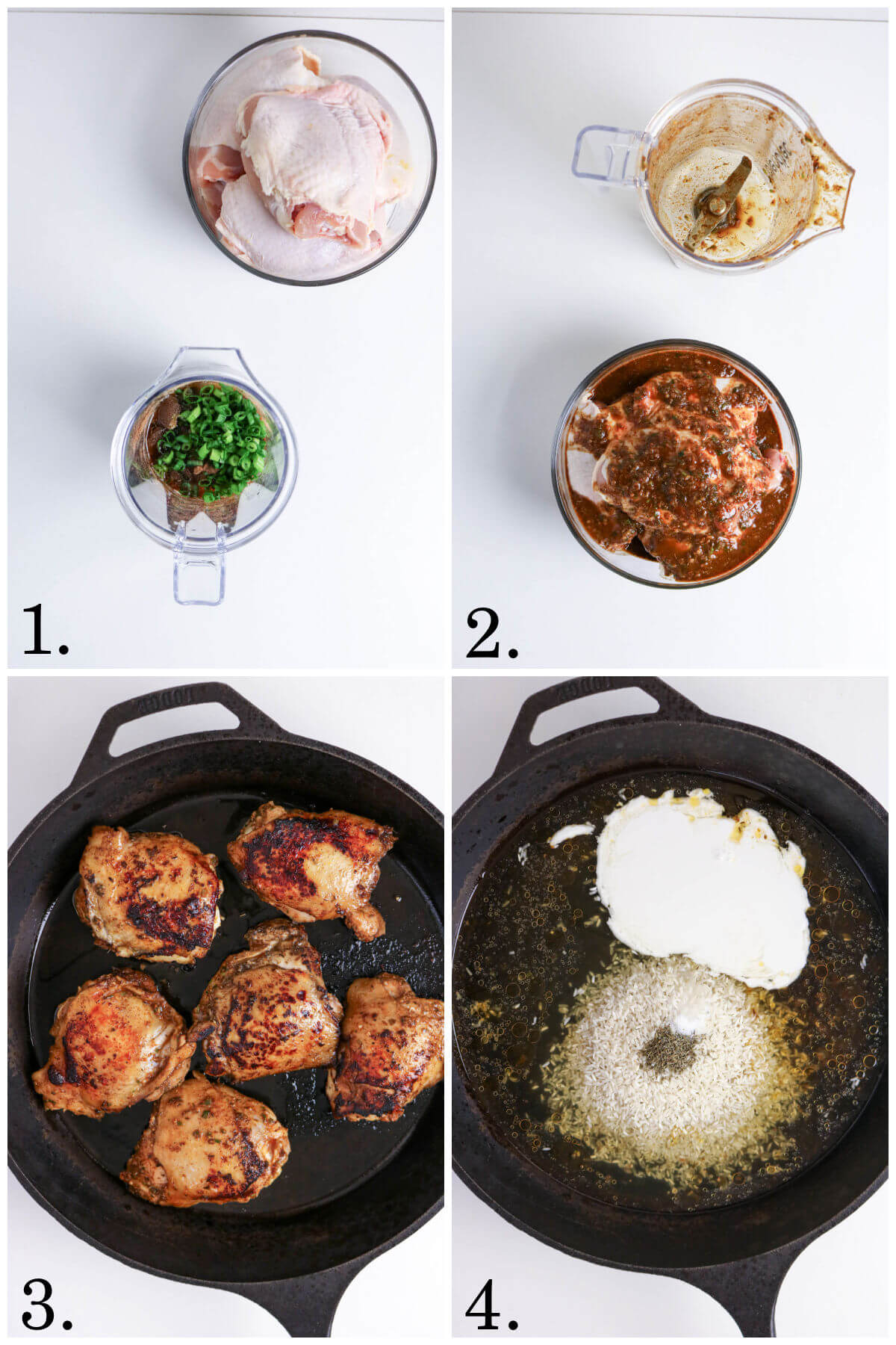 Collage of four photos showing steps 1-4 for how to make jerk chicken and rice.