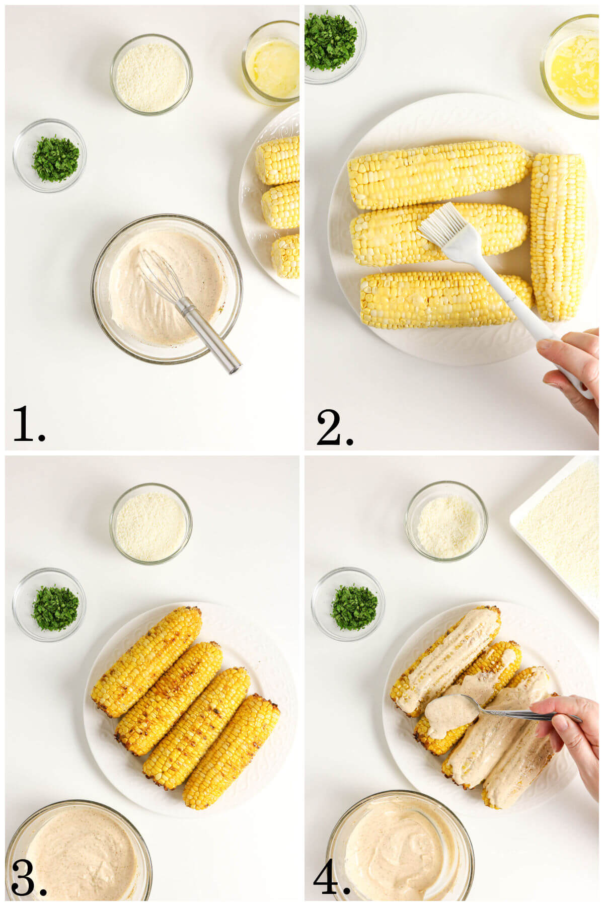 Collage of four photos showing steps 1-4 for how to make this easy Mexican street corn recipe.