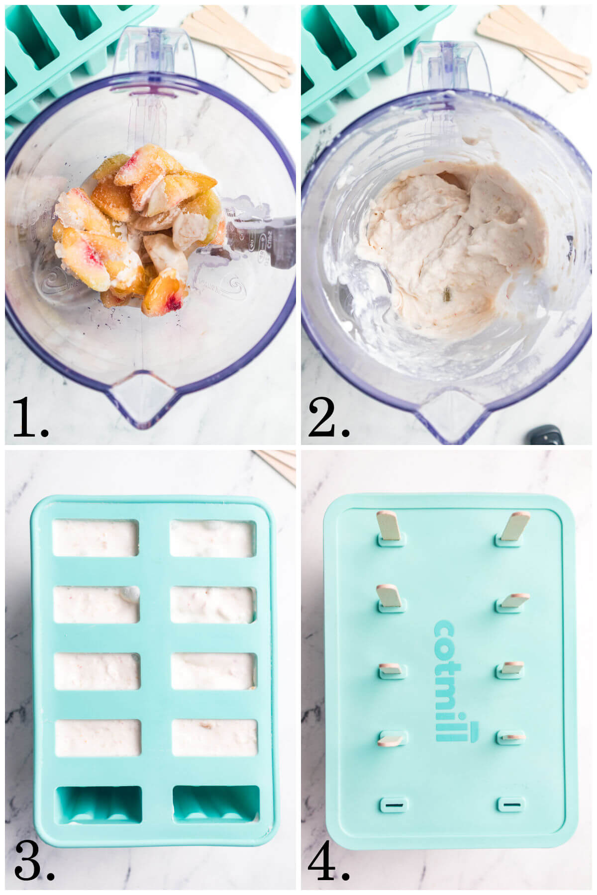 Collage of four photos showing how to make peaches and cream popsicles.