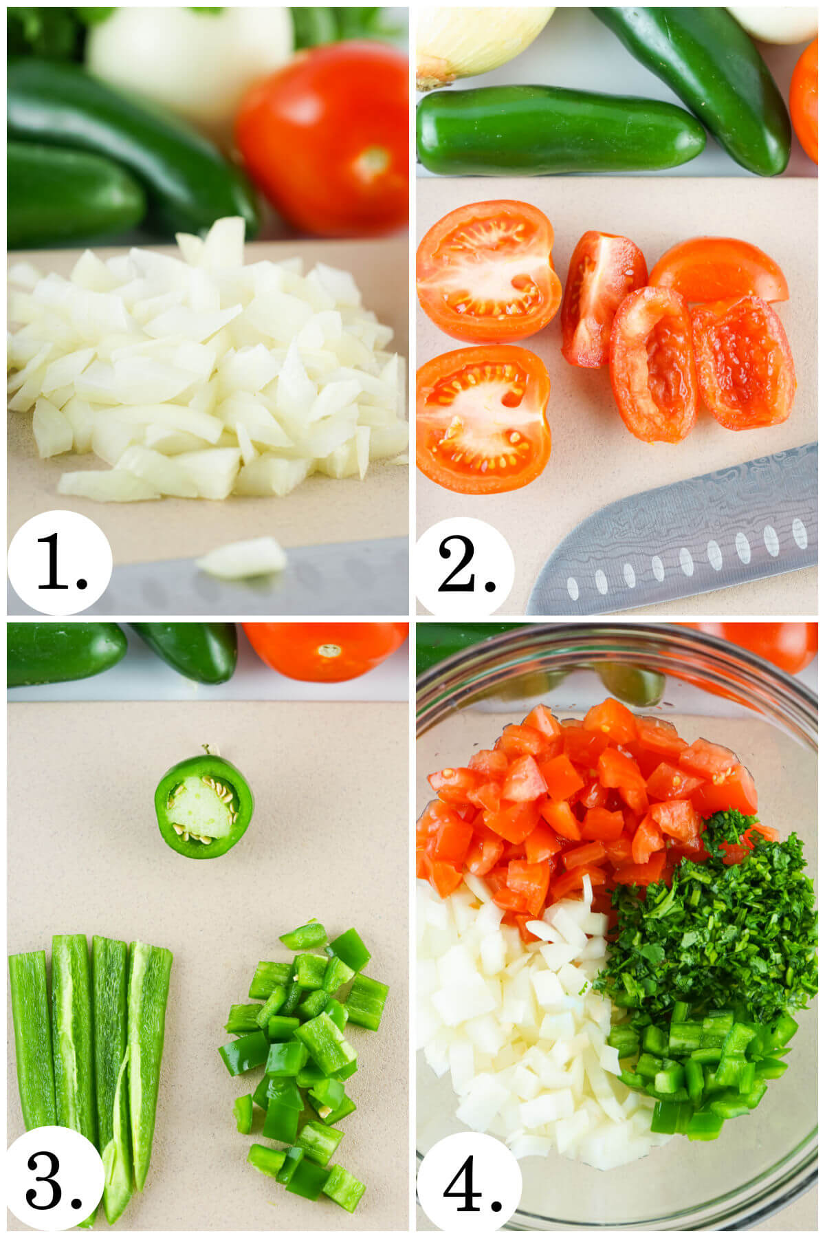 Collage of four photos showing steps 1-4 for how to make pico de gallo.