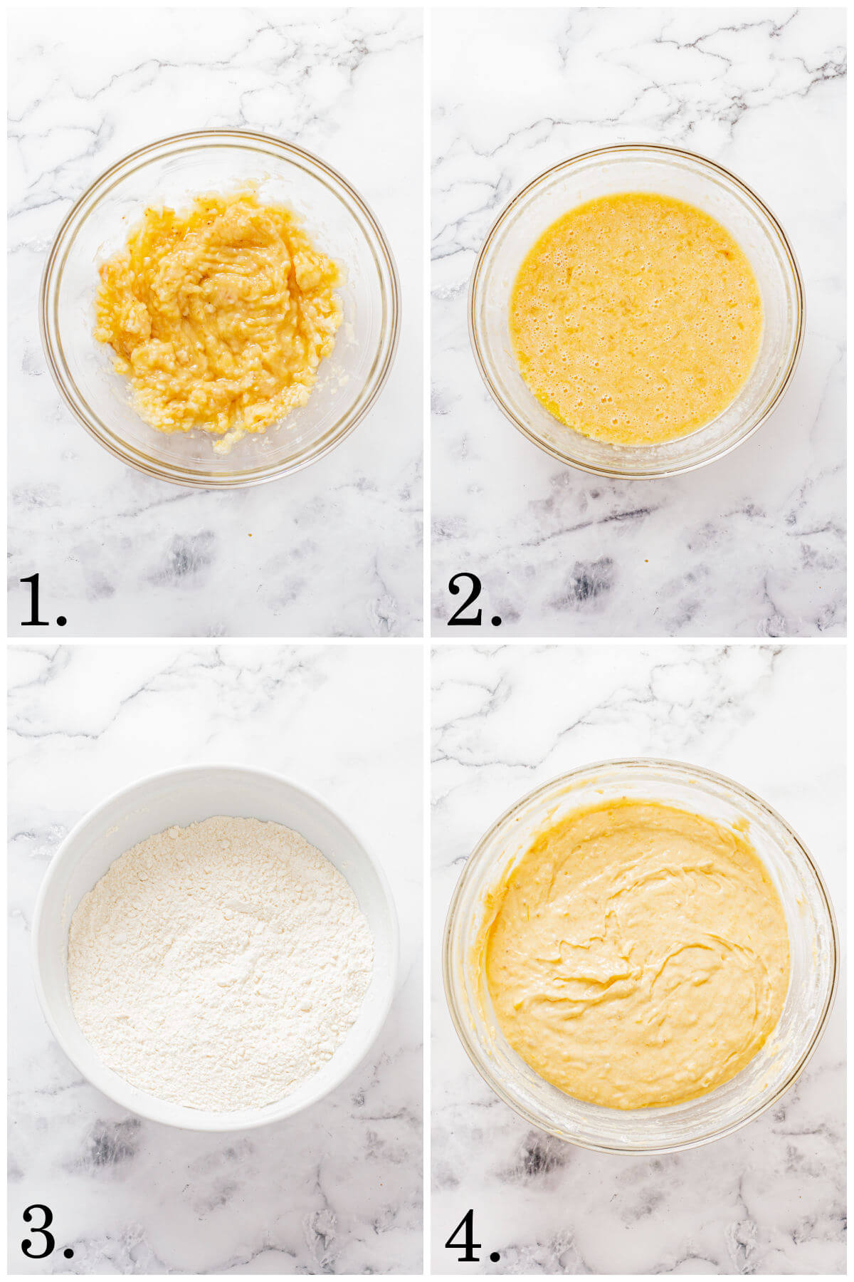 Collage of four photos sharing steps 1-4 for how to make quick and easy banana bread.