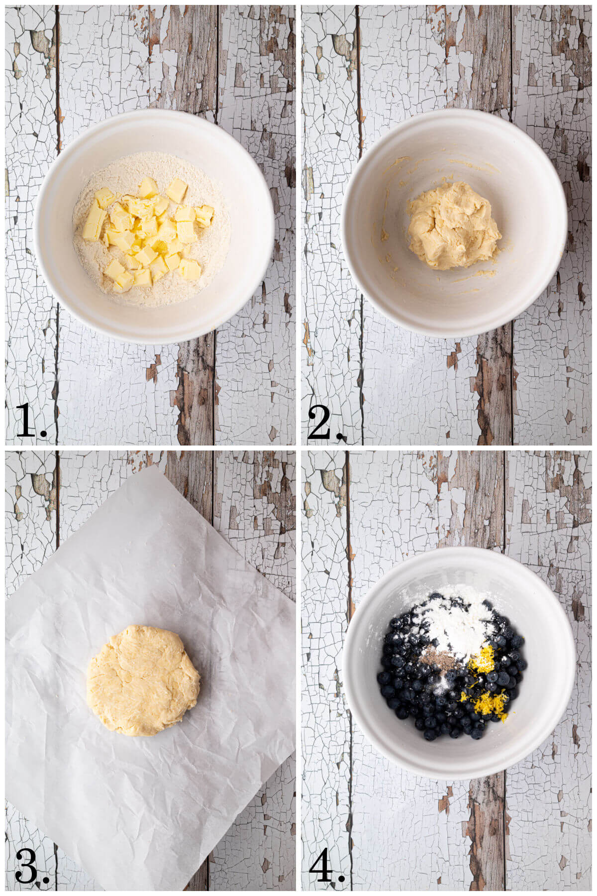 Collage of four photos showing steps 1-4 for how to make a blueberry sourdough galette.