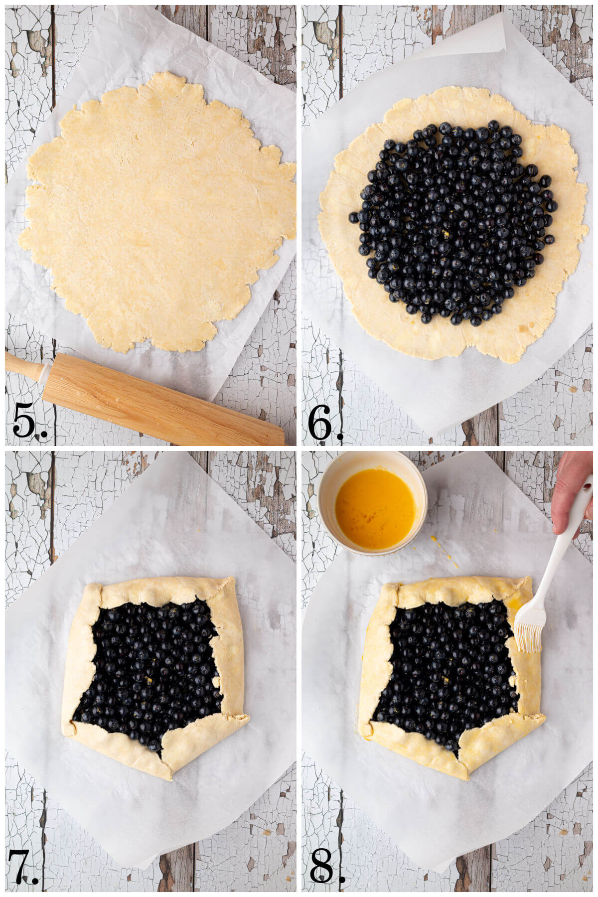 Collage of four photos showing steps 5-8 for how to make a blueberry sourdough galette.