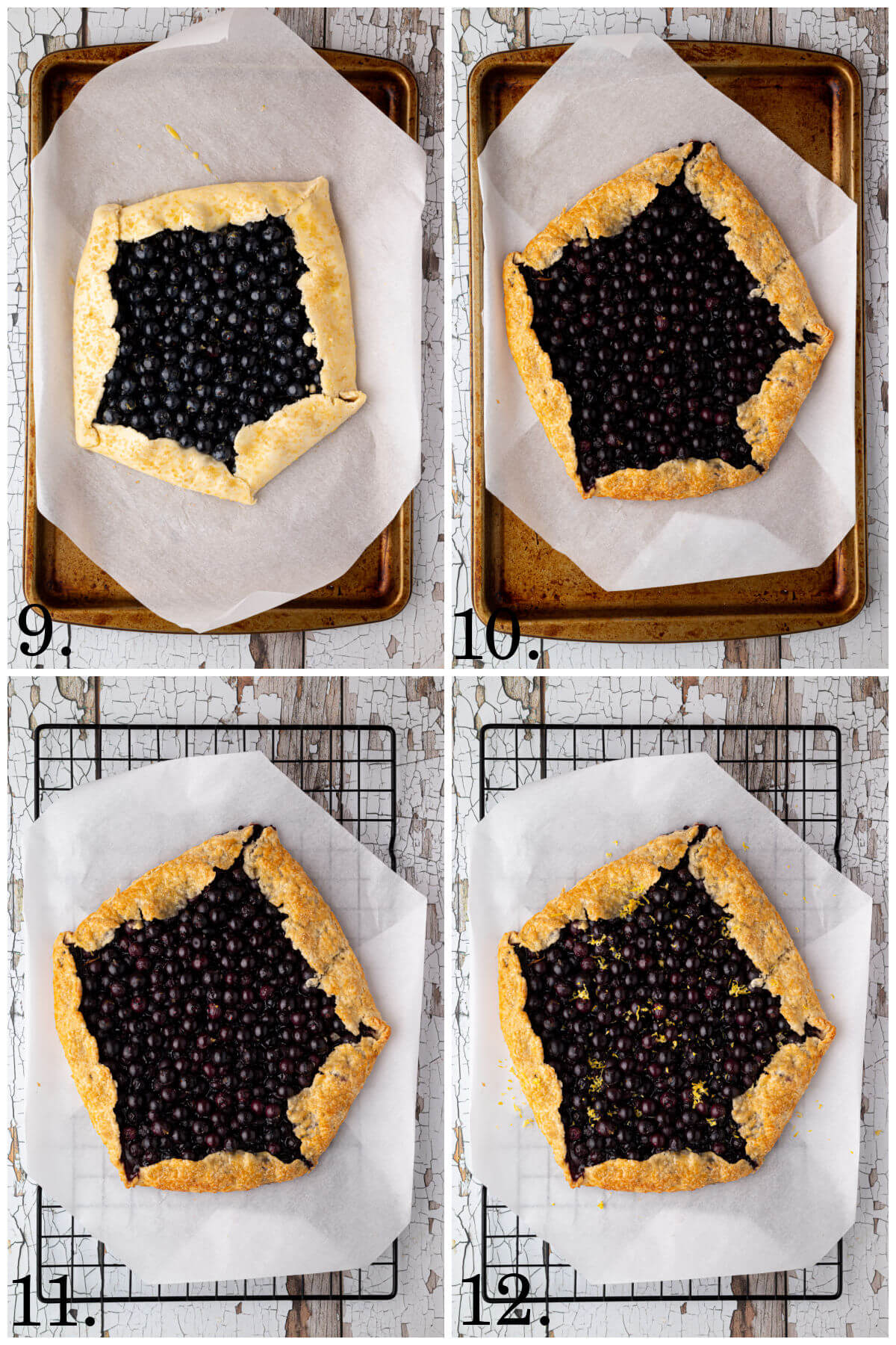 Collage of four photos showing steps 9-12 for how to make a blueberry sourdough galette.