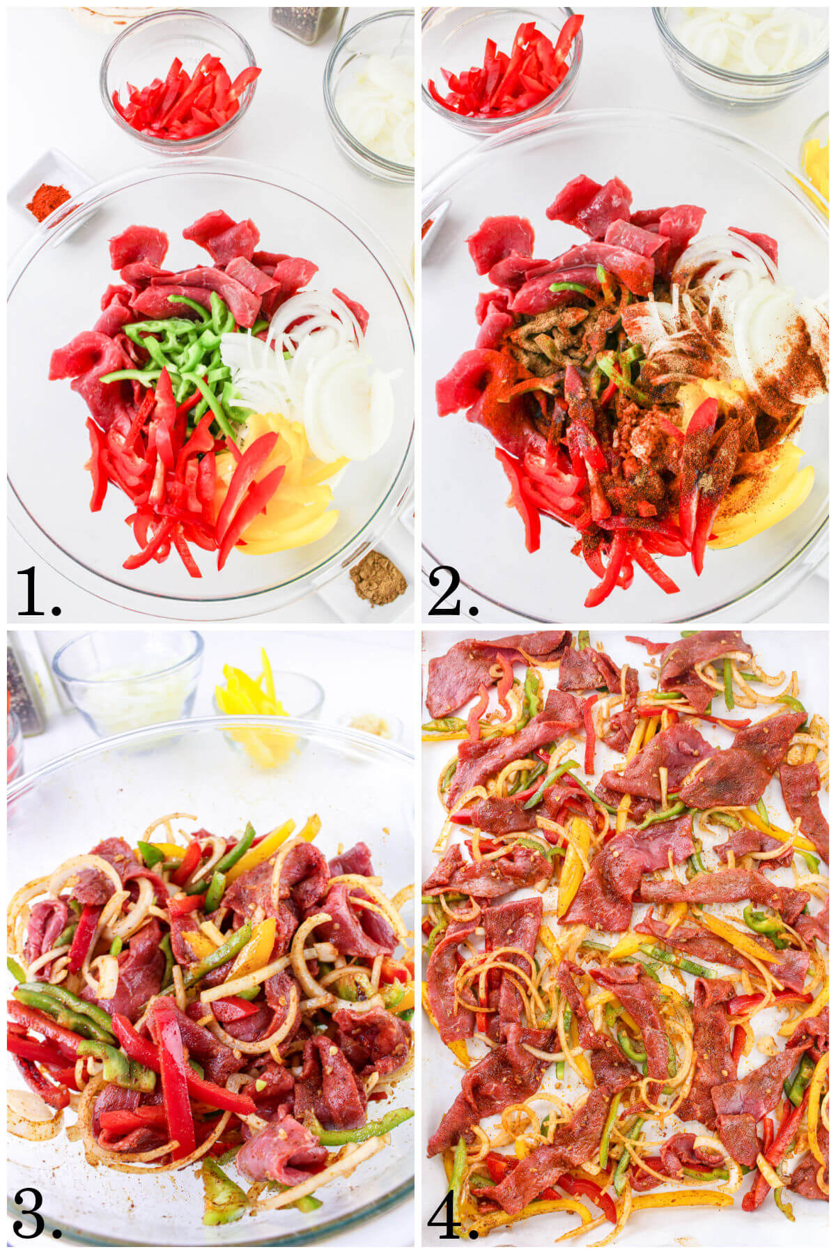 Collage of four photos showing how to make sheet pan beef fajitas.