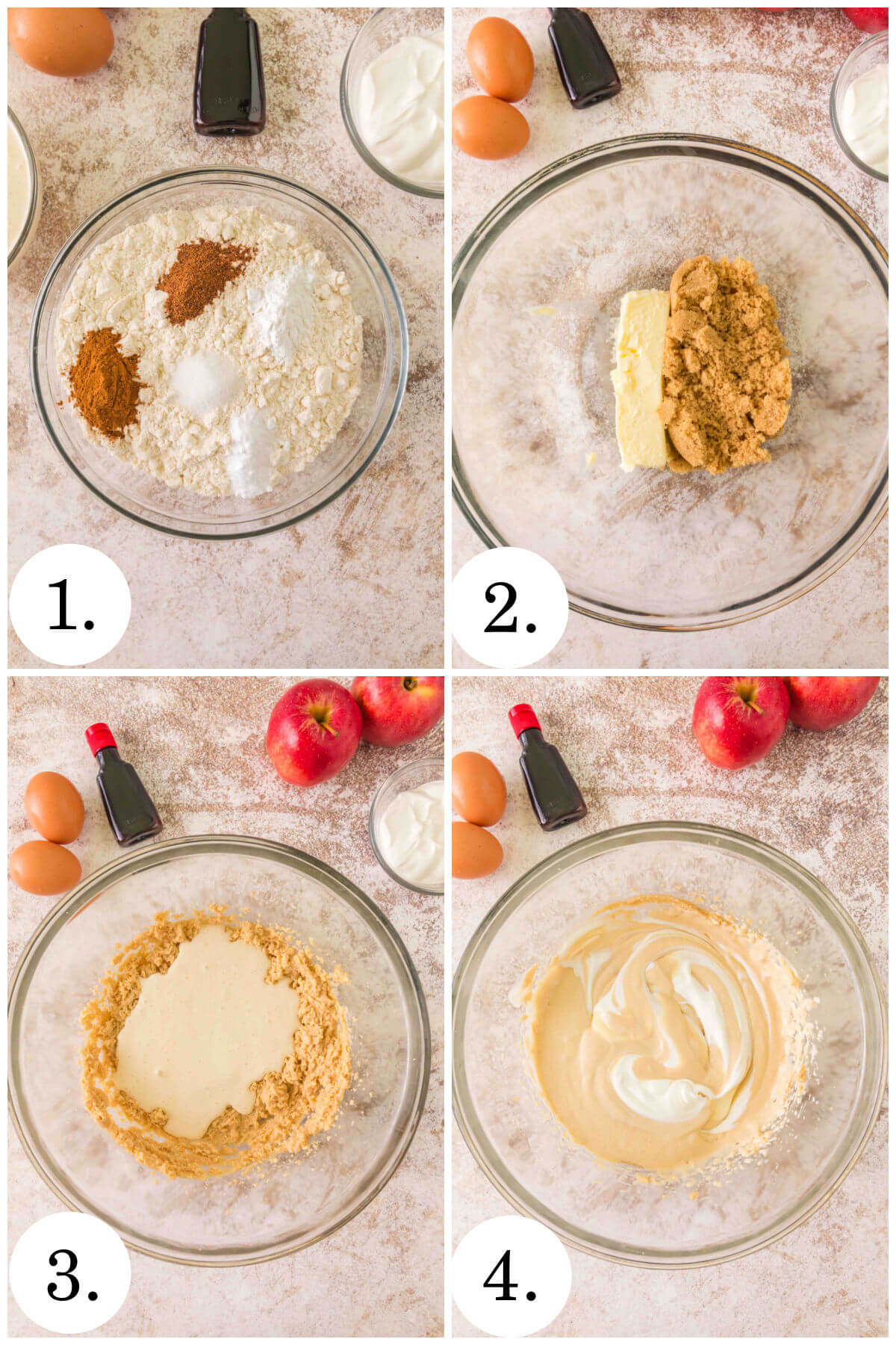 Collage of four photos showing steps 1-4 for how to make sourdough apple muffins.