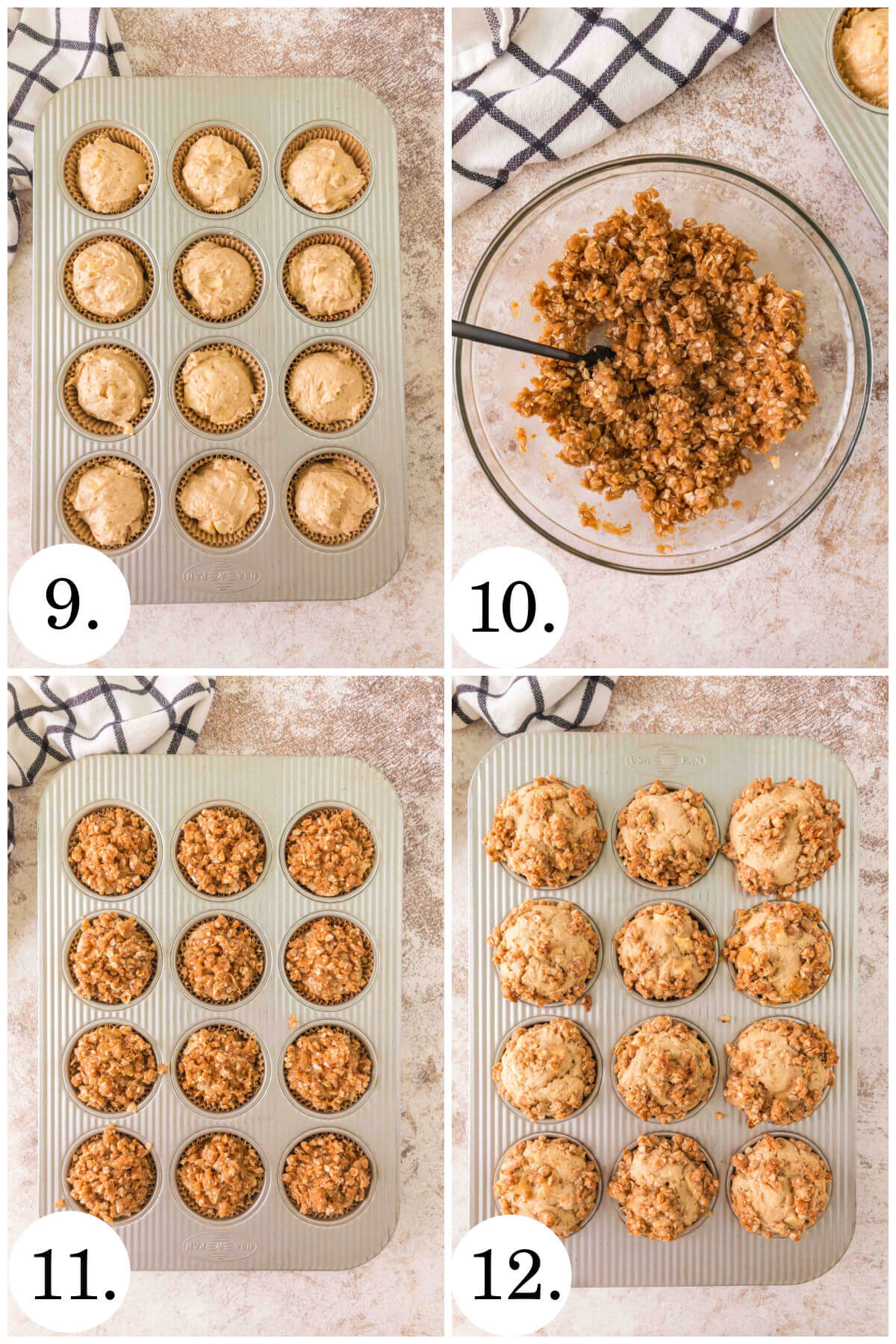 Collage of four photos showing steps 9-12 for how to make sourdough apple muffins.